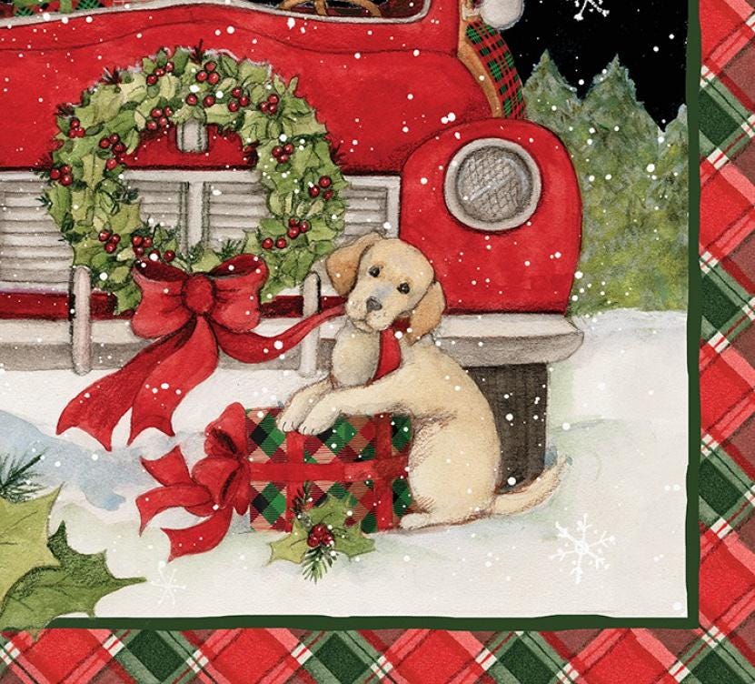 Festive Puppy Christmas Fabric Panel - 36x45 Quilting Material with Red Truck by Susan Winget