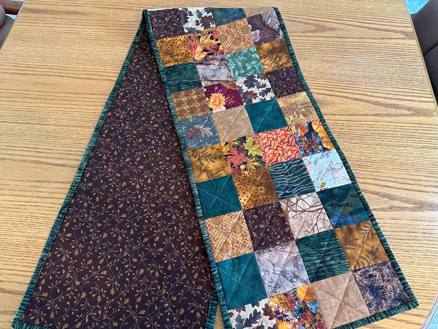 Handmade Autumn Quilted Table Runner: Fall Leaves, Acorns, Pumpkins - 12x61