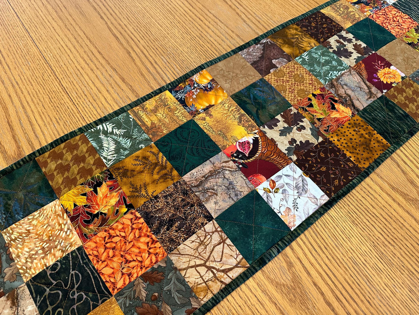 Handmade Autumn Quilted Table Runner: Fall Leaves, Acorns, Pumpkins - 12x61