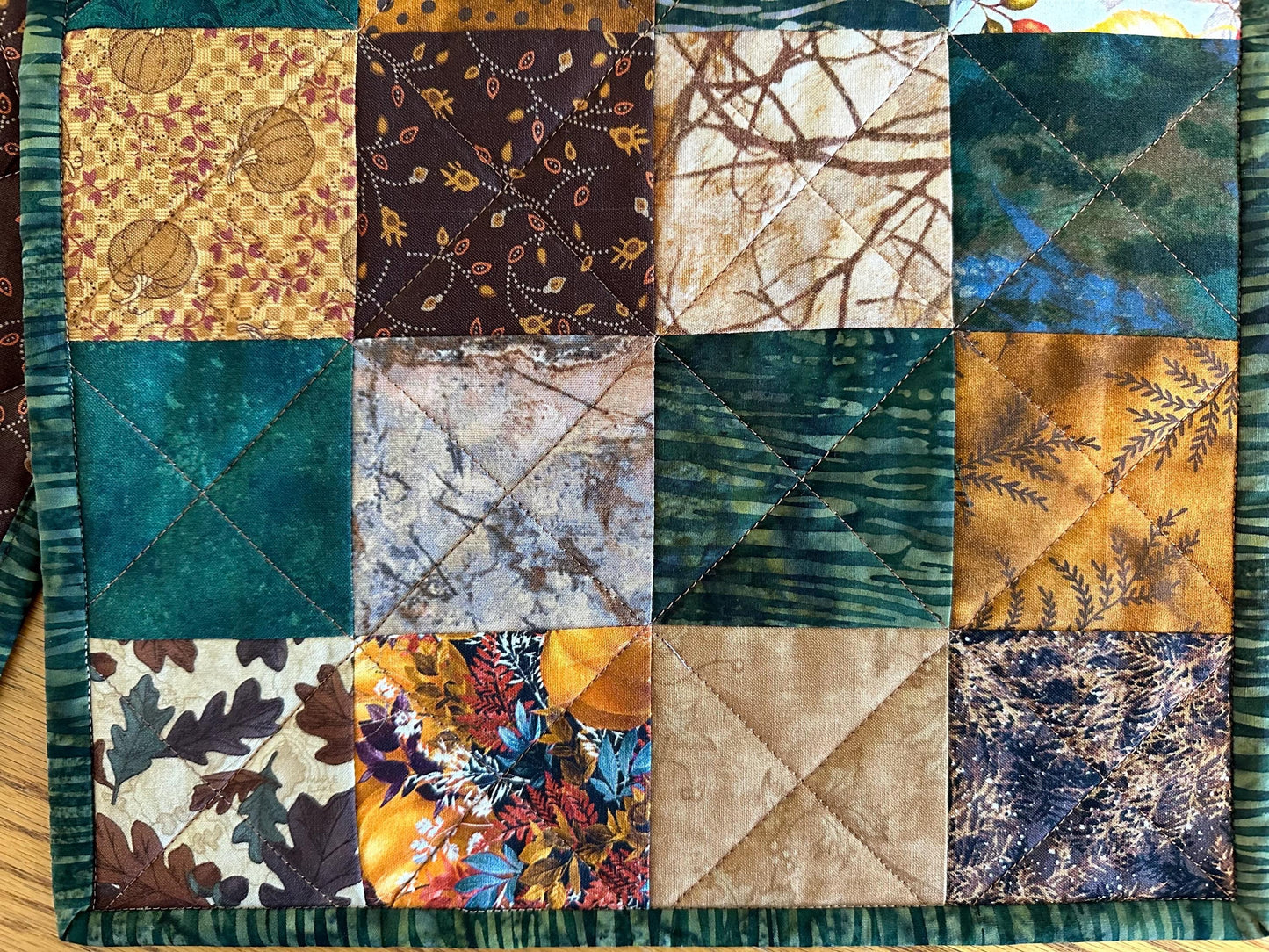 Handmade Autumn Quilted Table Runner: Fall Leaves, Acorns, Pumpkins - 12x61