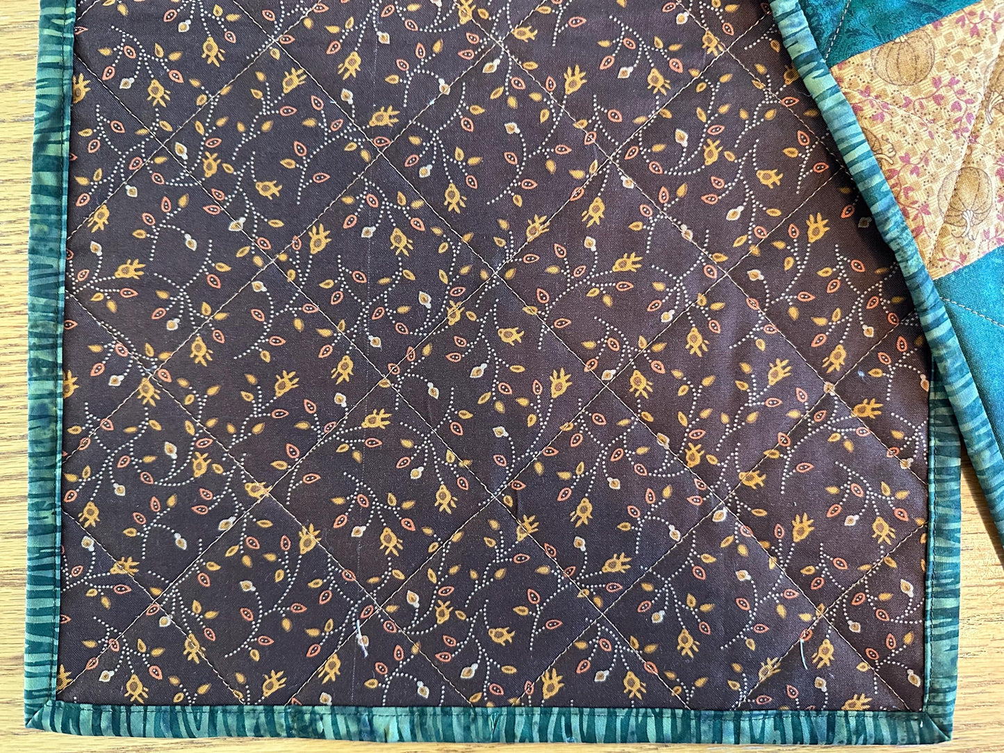 Handmade Autumn Quilted Table Runner: Fall Leaves, Acorns, Pumpkins - 12x61