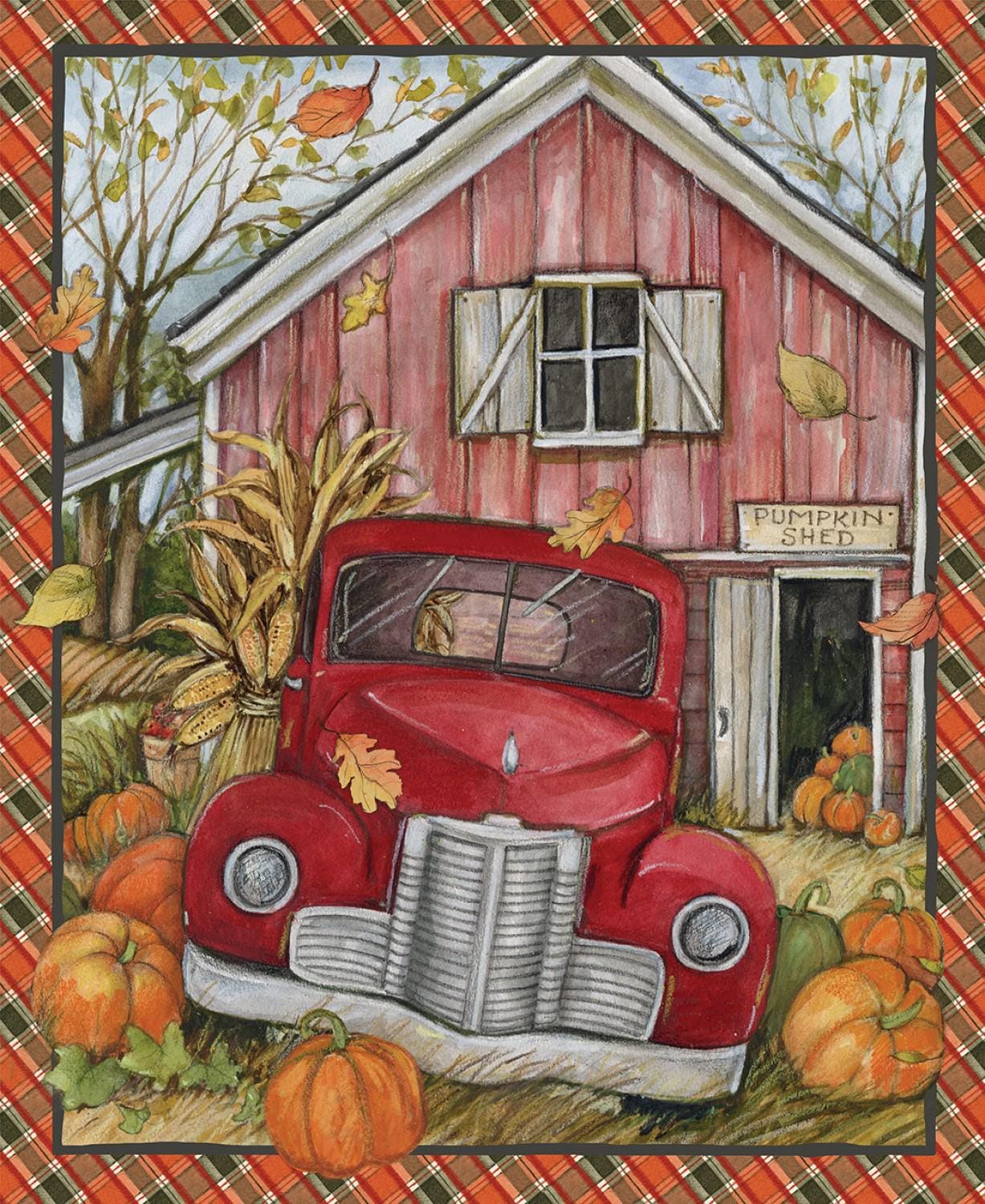 Autumn Harvest Fabric Panel: Red Truck, Pumpkins - Fall Quilt/Wall Hanging