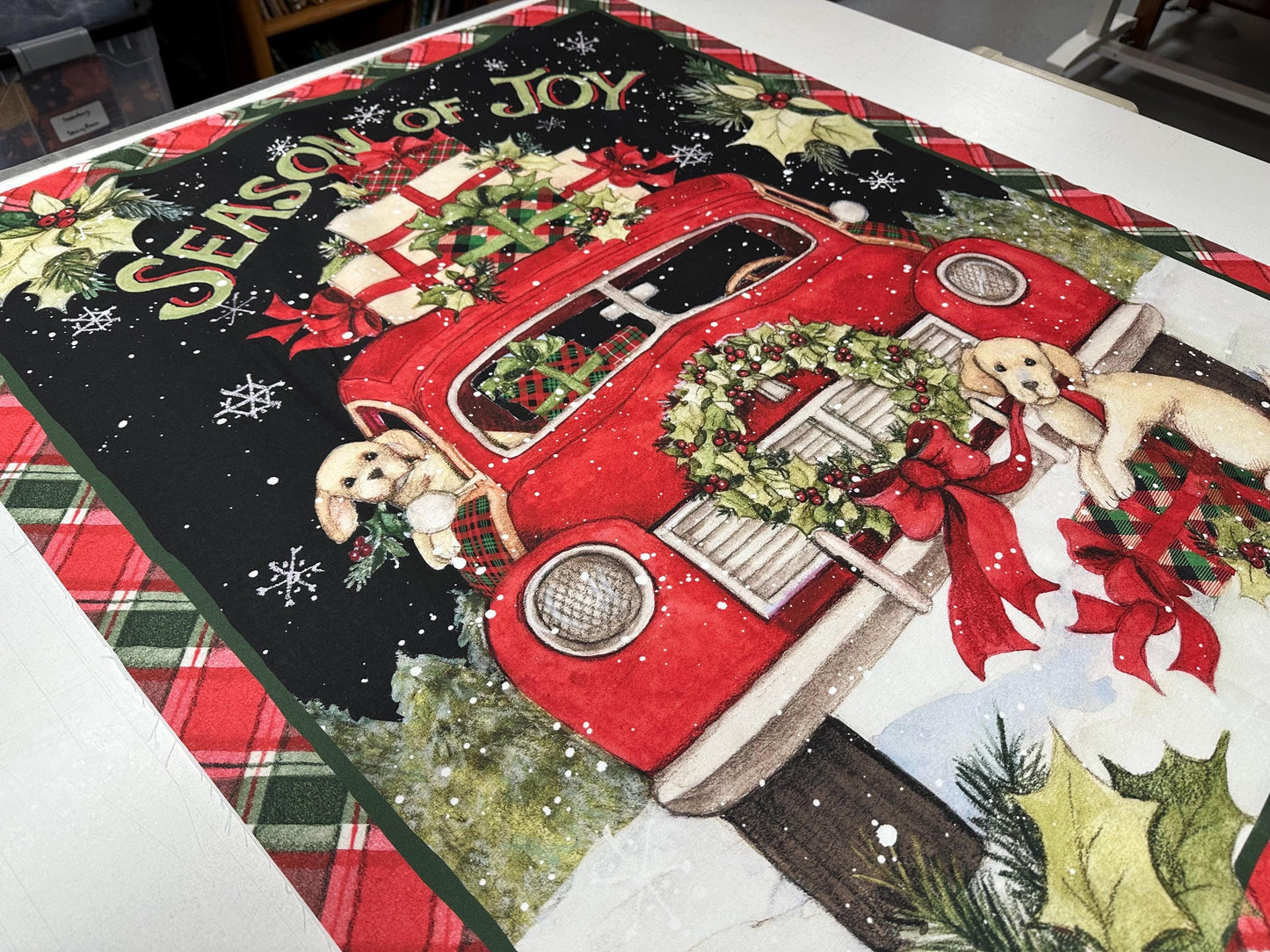 Festive Puppy Christmas Fabric Panel - 36x45 Quilting Material with Red Truck by Susan Winget