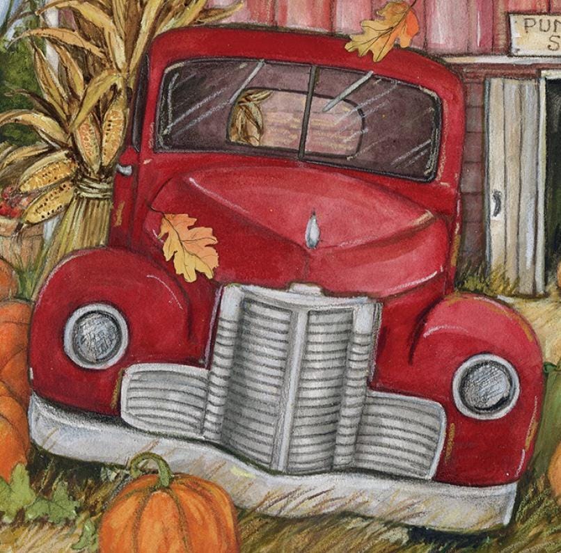 Autumn Harvest Fabric Panel: Red Truck, Pumpkins - Fall Quilt/Wall Hanging