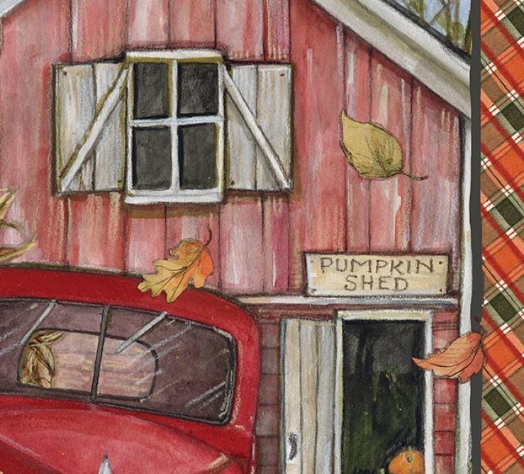Autumn Harvest Fabric Panel: Red Truck, Pumpkins - Fall Quilt/Wall Hanging