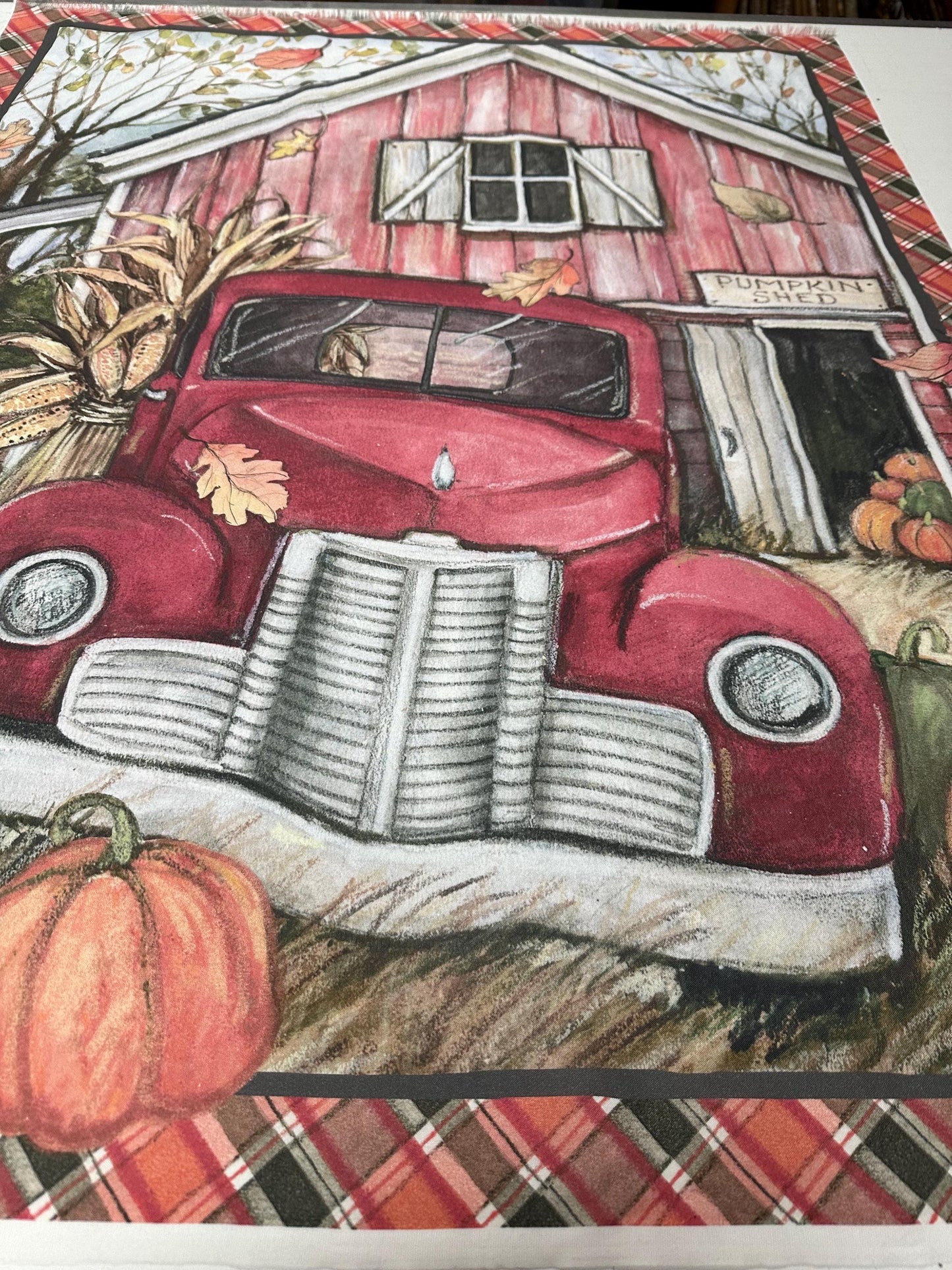Autumn Harvest Fabric Panel: Red Truck, Pumpkins - Fall Quilt/Wall Hanging