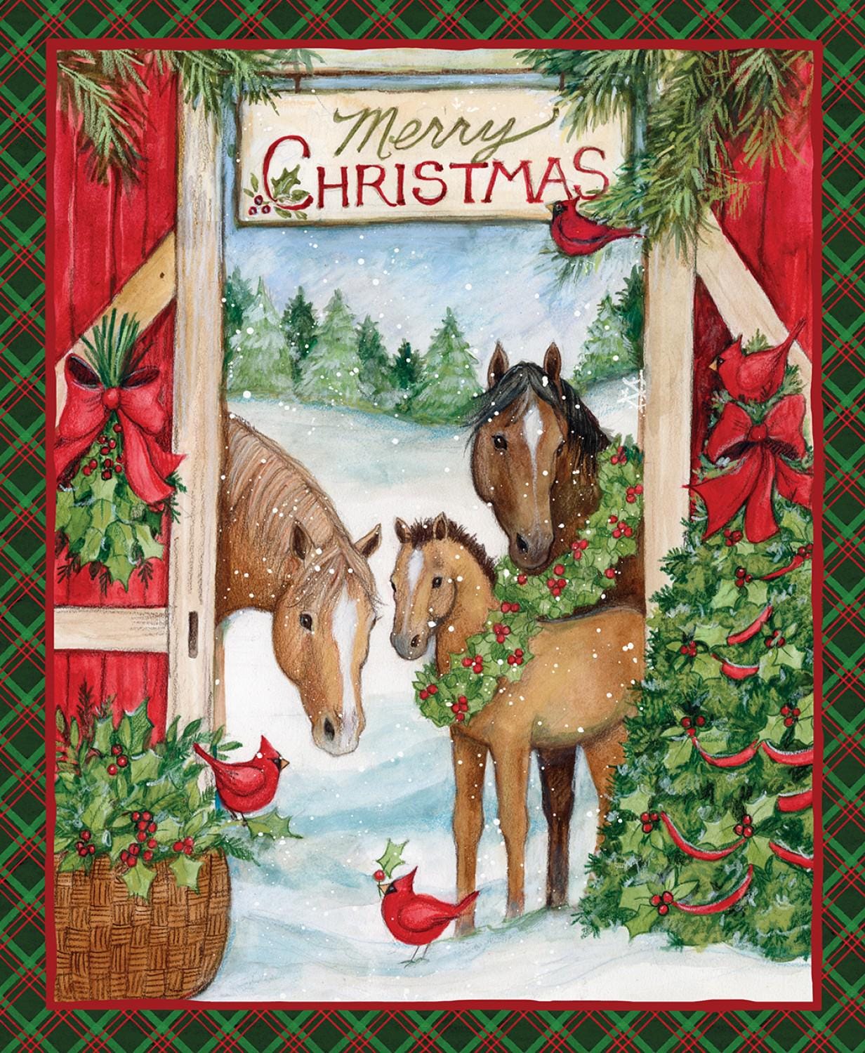 Winter Farmhouse Horse Scene Fabric Panel for Quilting, Sewing, Crafting - 36x45 Cotton Christmas Decor
