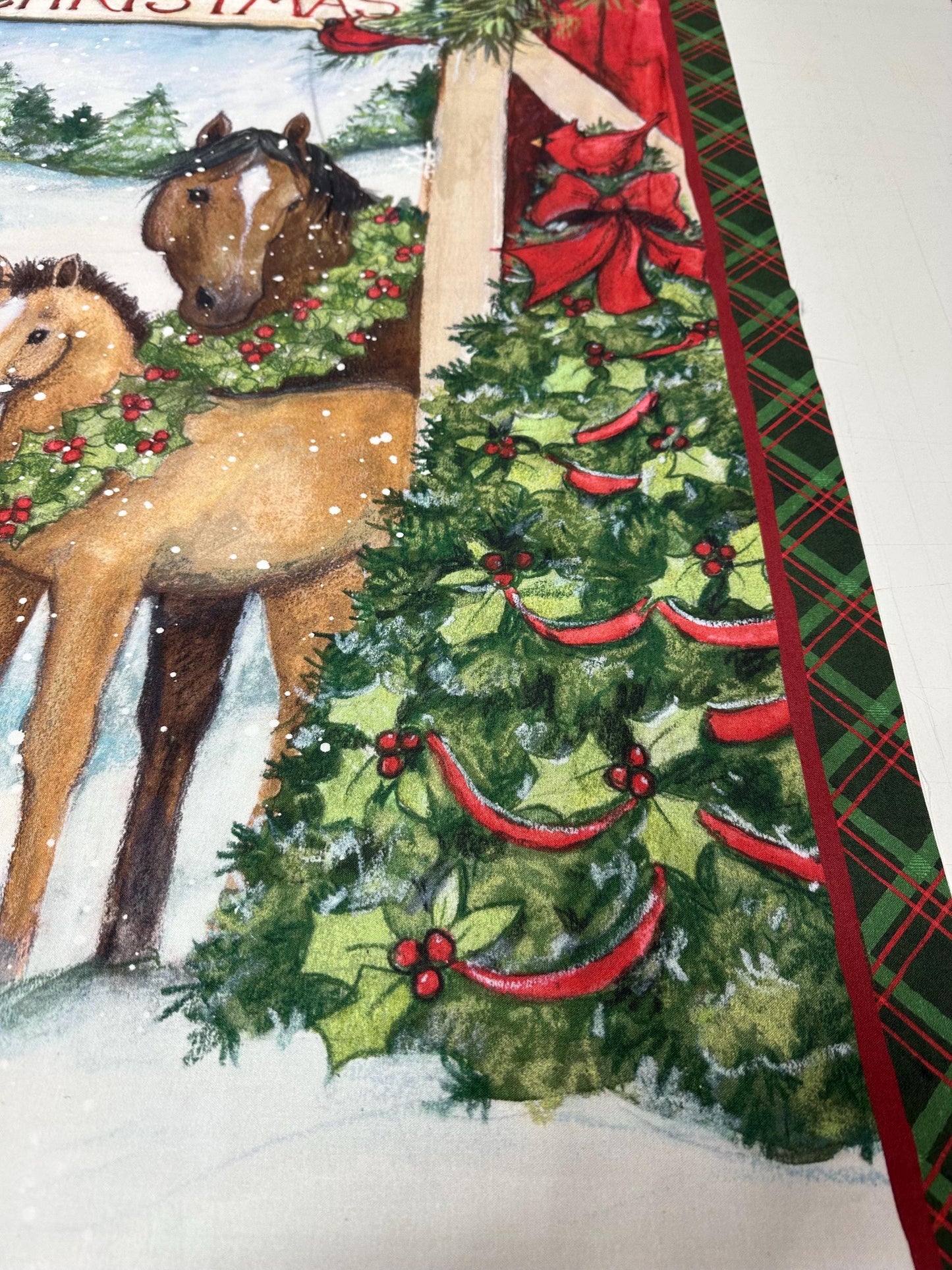 Winter Farmhouse Horse Scene Fabric Panel for Quilting, Sewing, Crafting - 36x45 Cotton Christmas Decor