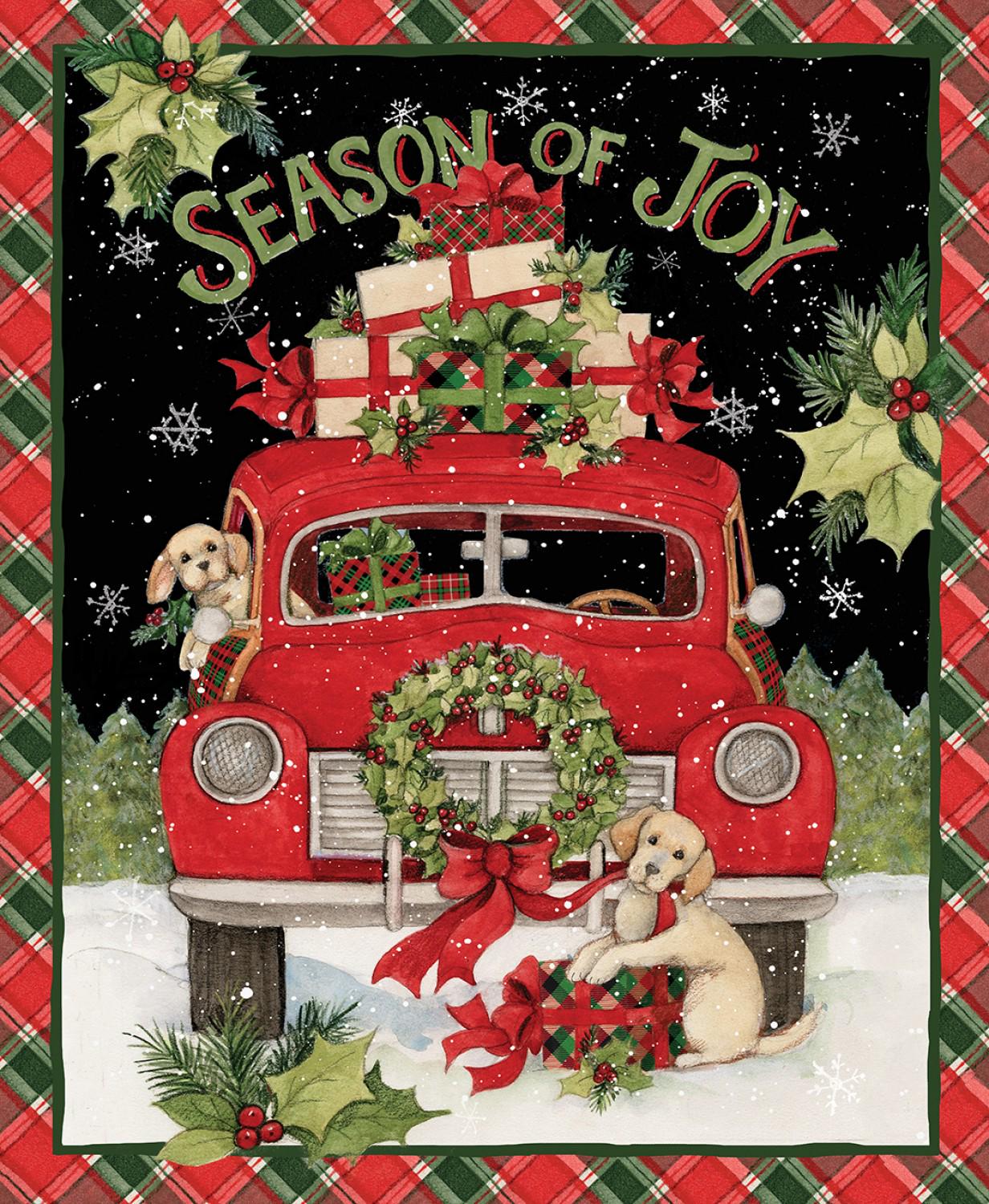 Festive Puppy Christmas Fabric Panel - 36x45 Quilting Material with Red Truck by Susan Winget