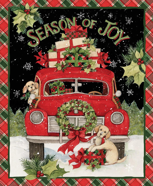 Festive Puppy Christmas Fabric Panel - 36x45 Quilting Material with Red Truck by Susan Winget