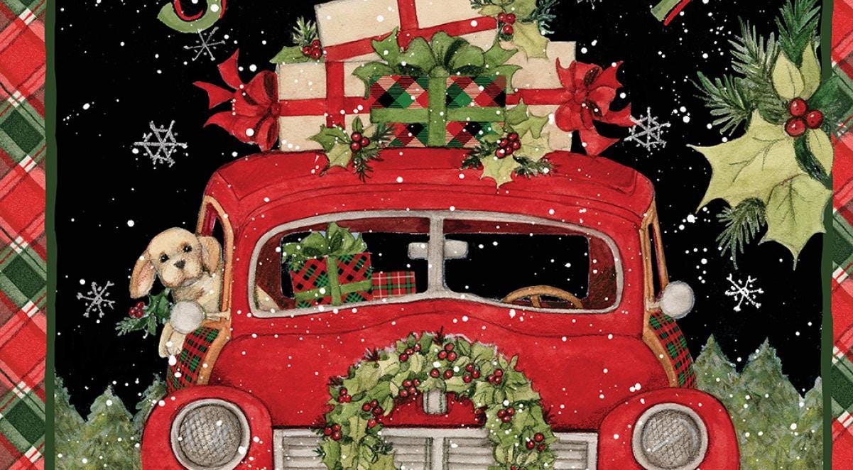 Festive Puppy Christmas Fabric Panel - 36x45 Quilting Material with Red Truck by Susan Winget
