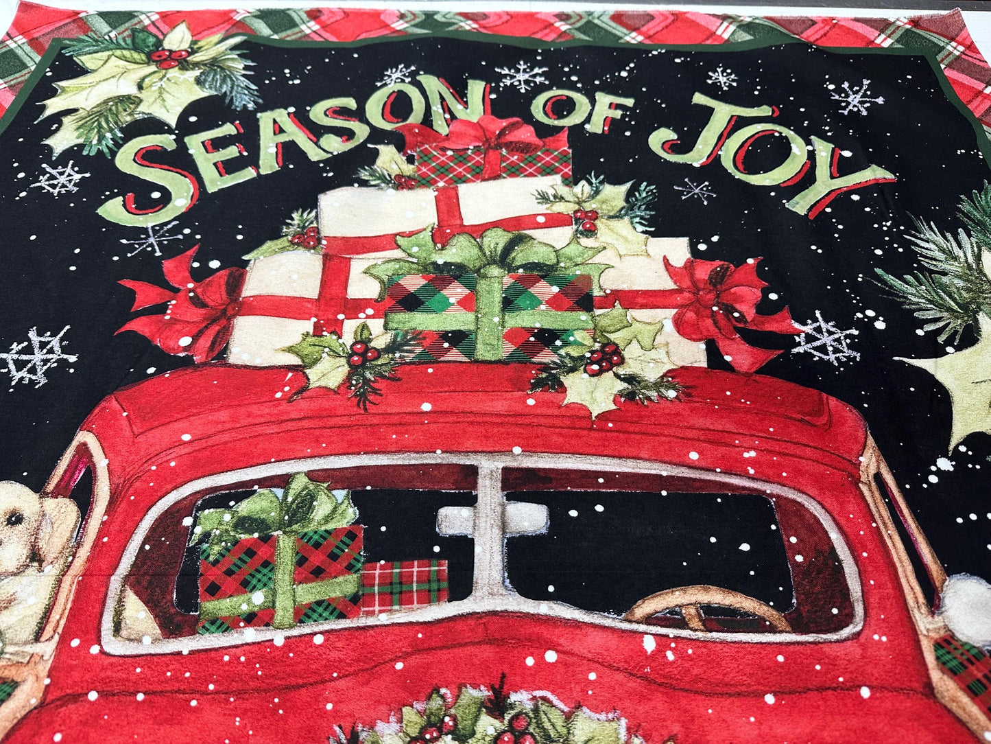 Festive Puppy Christmas Fabric Panel - 36x45 Quilting Material with Red Truck by Susan Winget