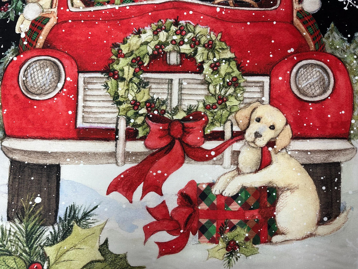 Festive Puppy Christmas Fabric Panel - 36x45 Quilting Material with Red Truck by Susan Winget