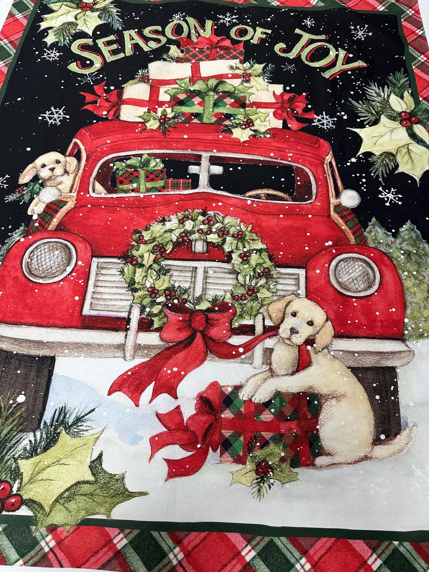 Festive Puppy Christmas Fabric Panel - 36x45 Quilting Material with Red Truck by Susan Winget