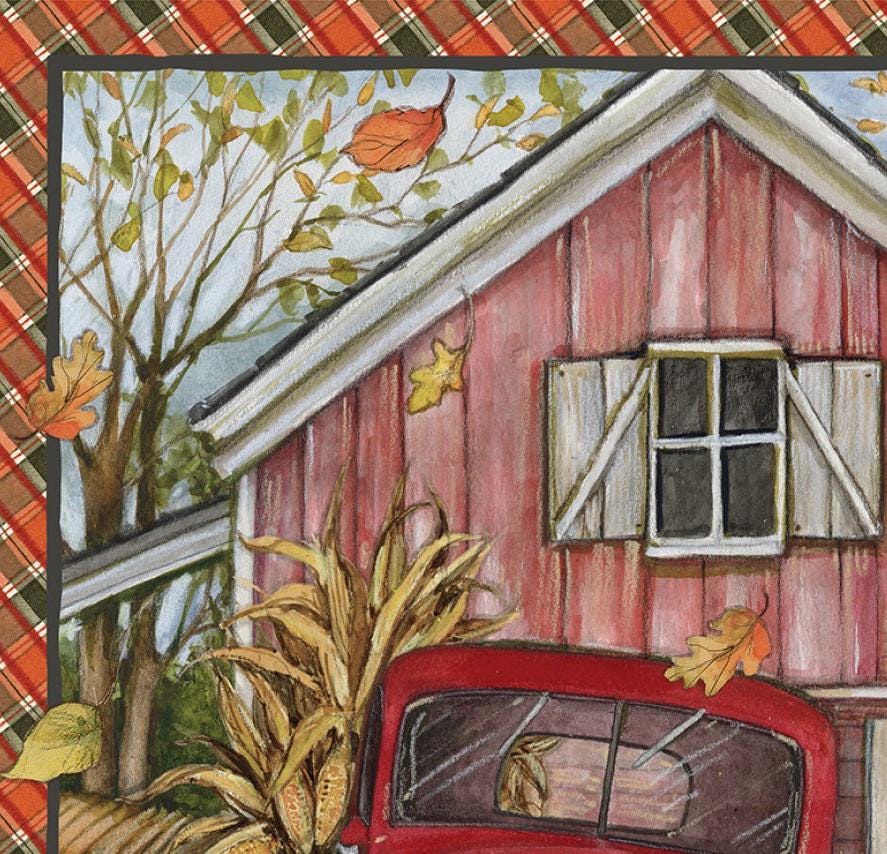 Autumn Harvest Fabric Panel: Red Truck, Pumpkins - Fall Quilt/Wall Hanging