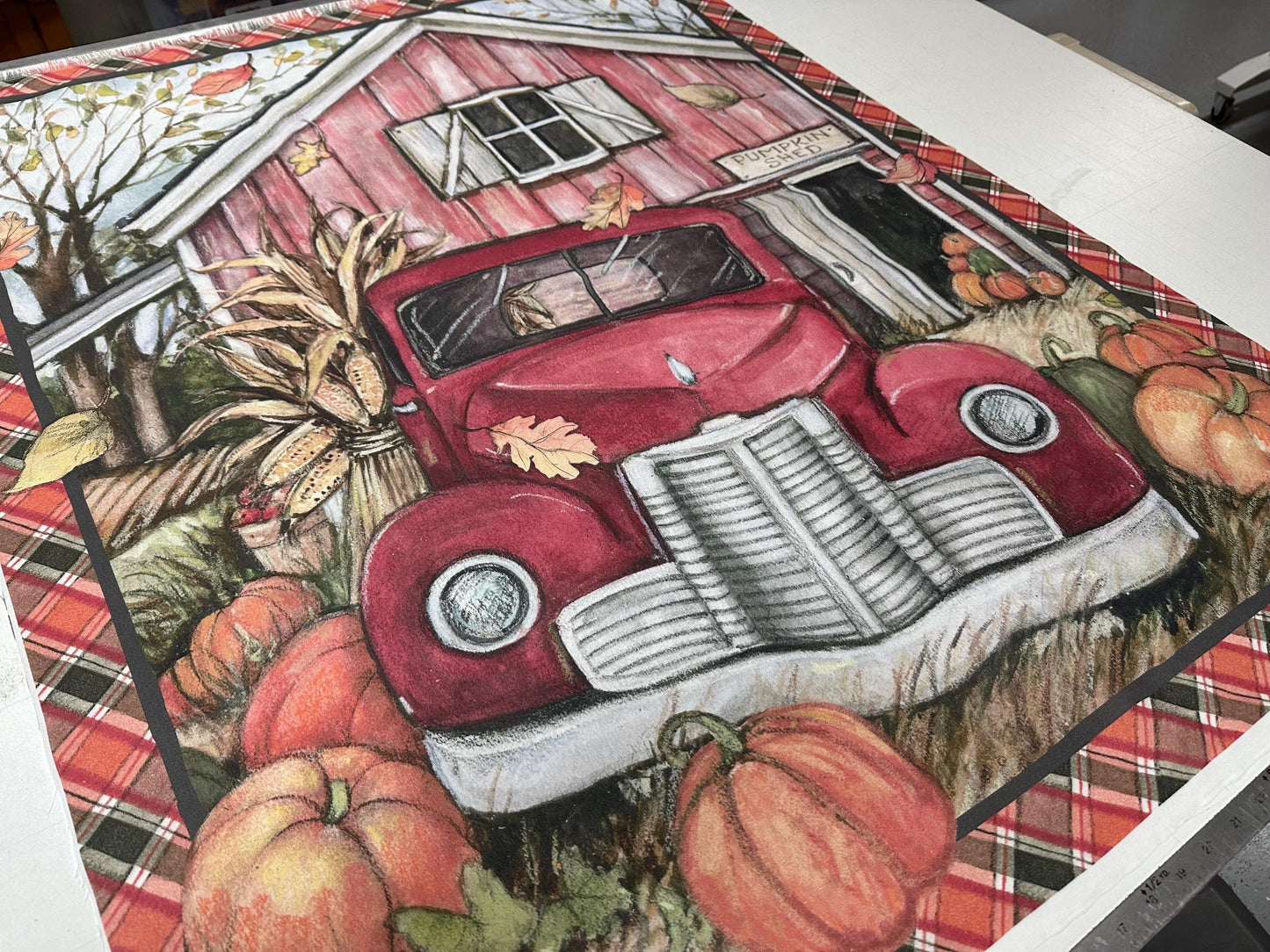 Autumn Harvest Fabric Panel: Red Truck, Pumpkins - Fall Quilt/Wall Hanging