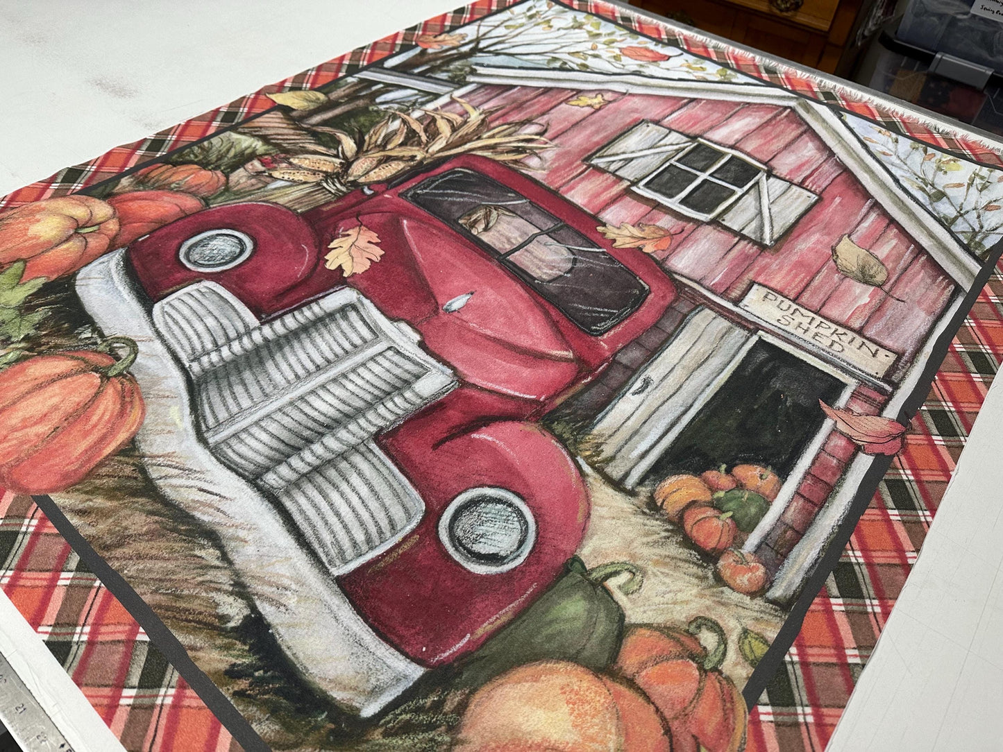 Autumn Harvest Fabric Panel: Red Truck, Pumpkins - Fall Quilt/Wall Hanging