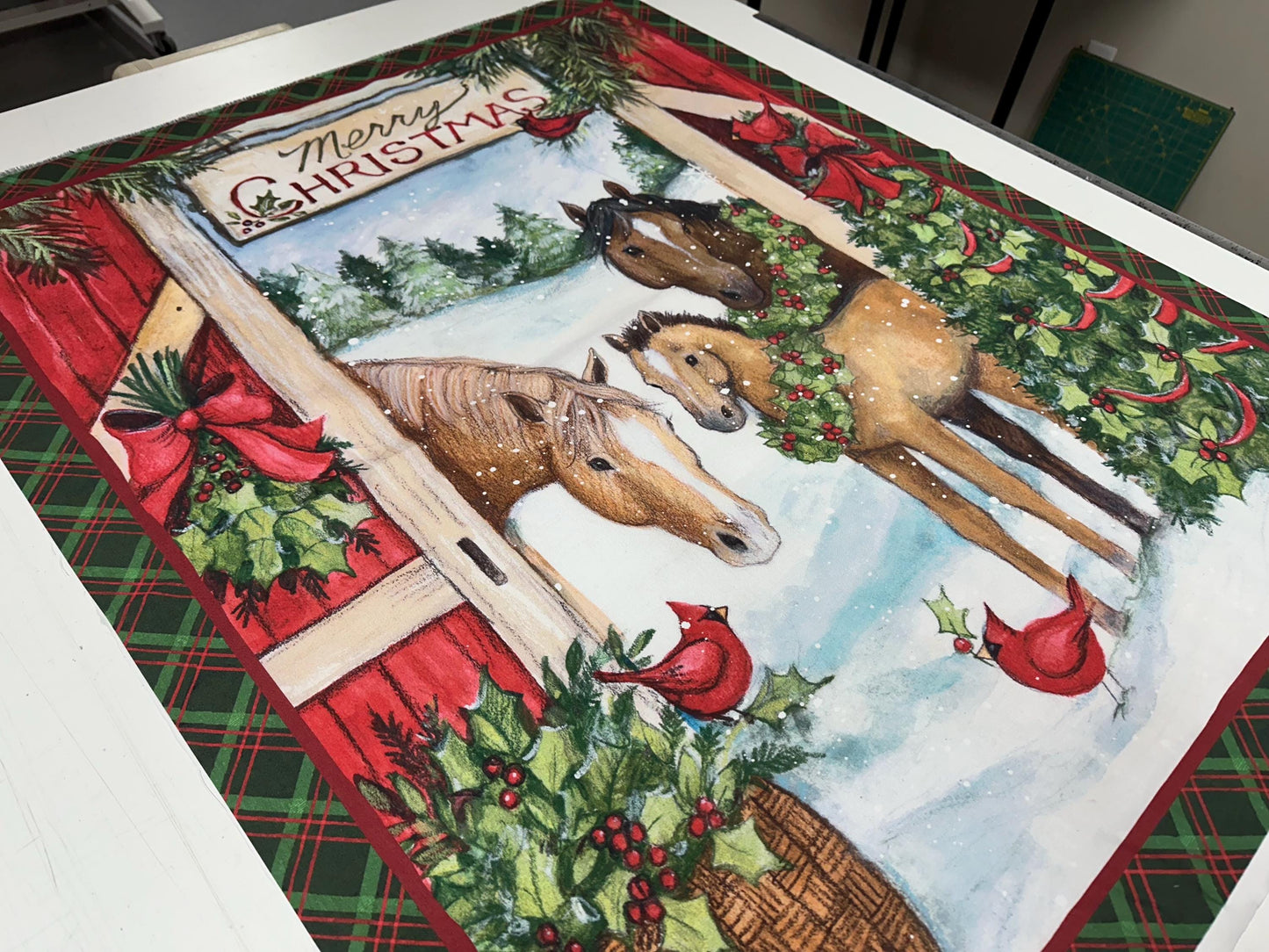 Winter Farmhouse Horse Scene Fabric Panel for Quilting, Sewing, Crafting - 36x45 Cotton Christmas Decor