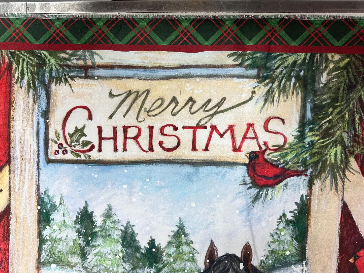 Winter Farmhouse Horse Scene Fabric Panel for Quilting, Sewing, Crafting - 36x45 Cotton Christmas Decor