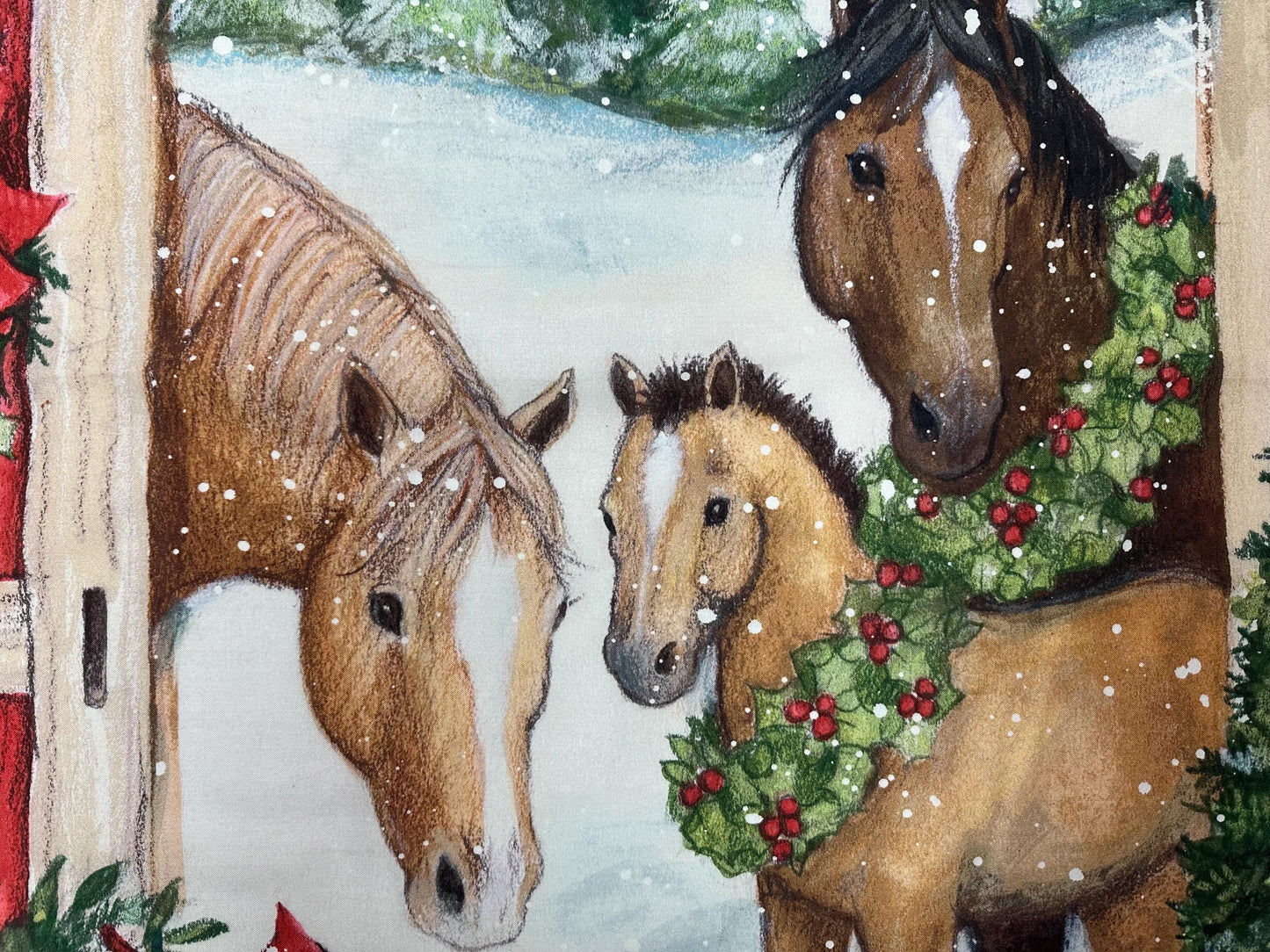 Winter Farmhouse Horse Scene Fabric Panel for Quilting, Sewing, Crafting - 36x45 Cotton Christmas Decor
