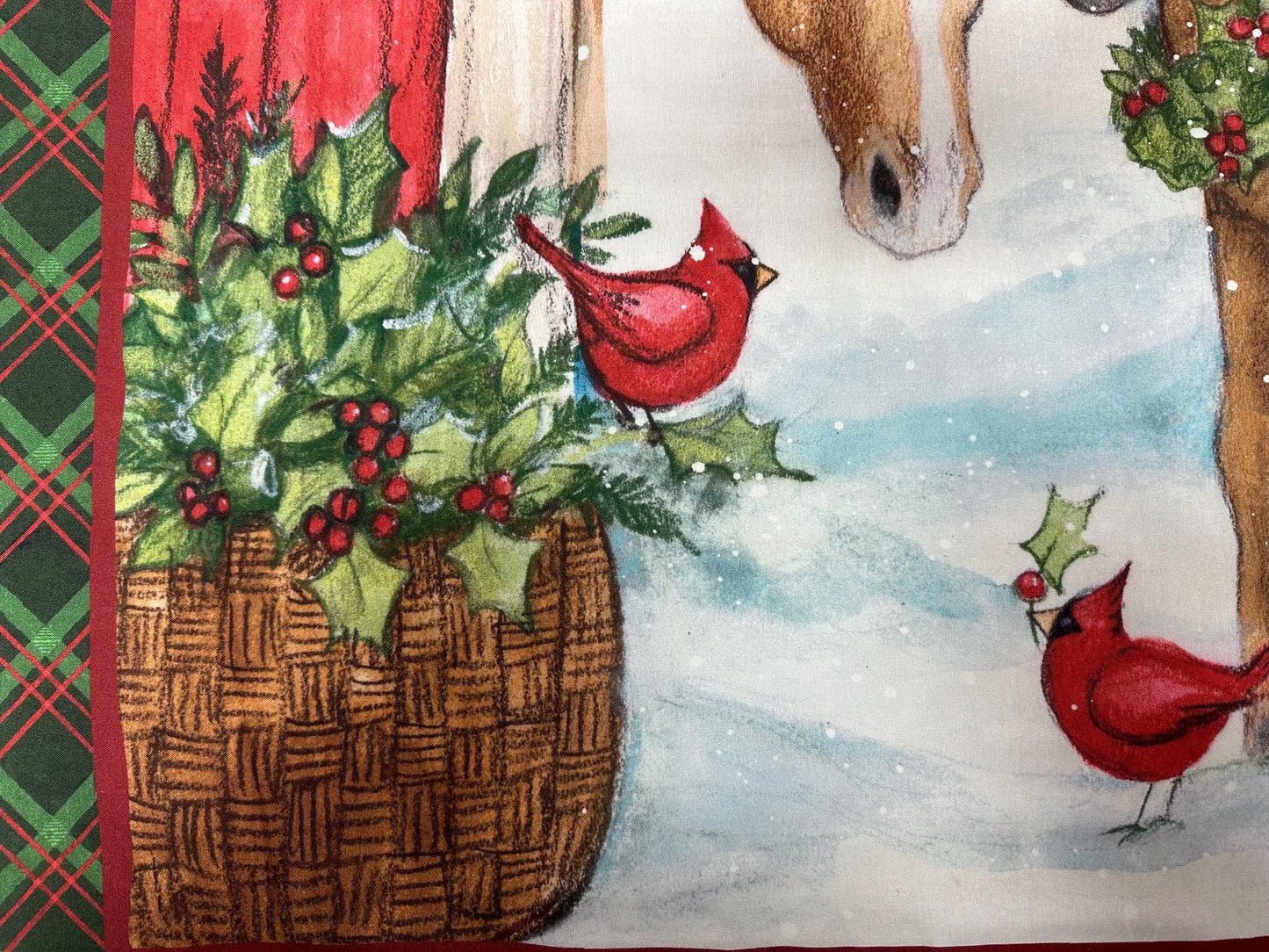 Winter Farmhouse Horse Scene Fabric Panel for Quilting, Sewing, Crafting - 36x45 Cotton Christmas Decor