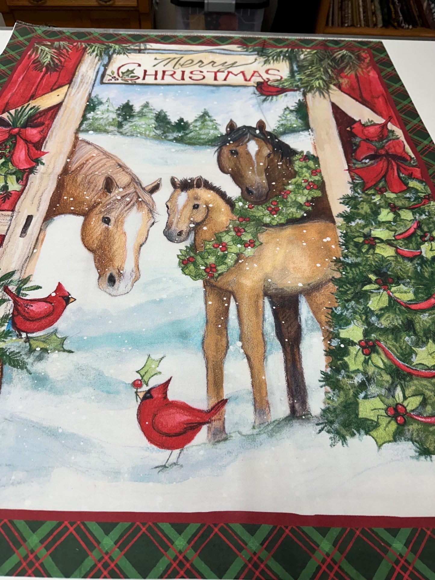 Winter Farmhouse Horse Scene Fabric Panel for Quilting, Sewing, Crafting - 36x45 Cotton Christmas Decor