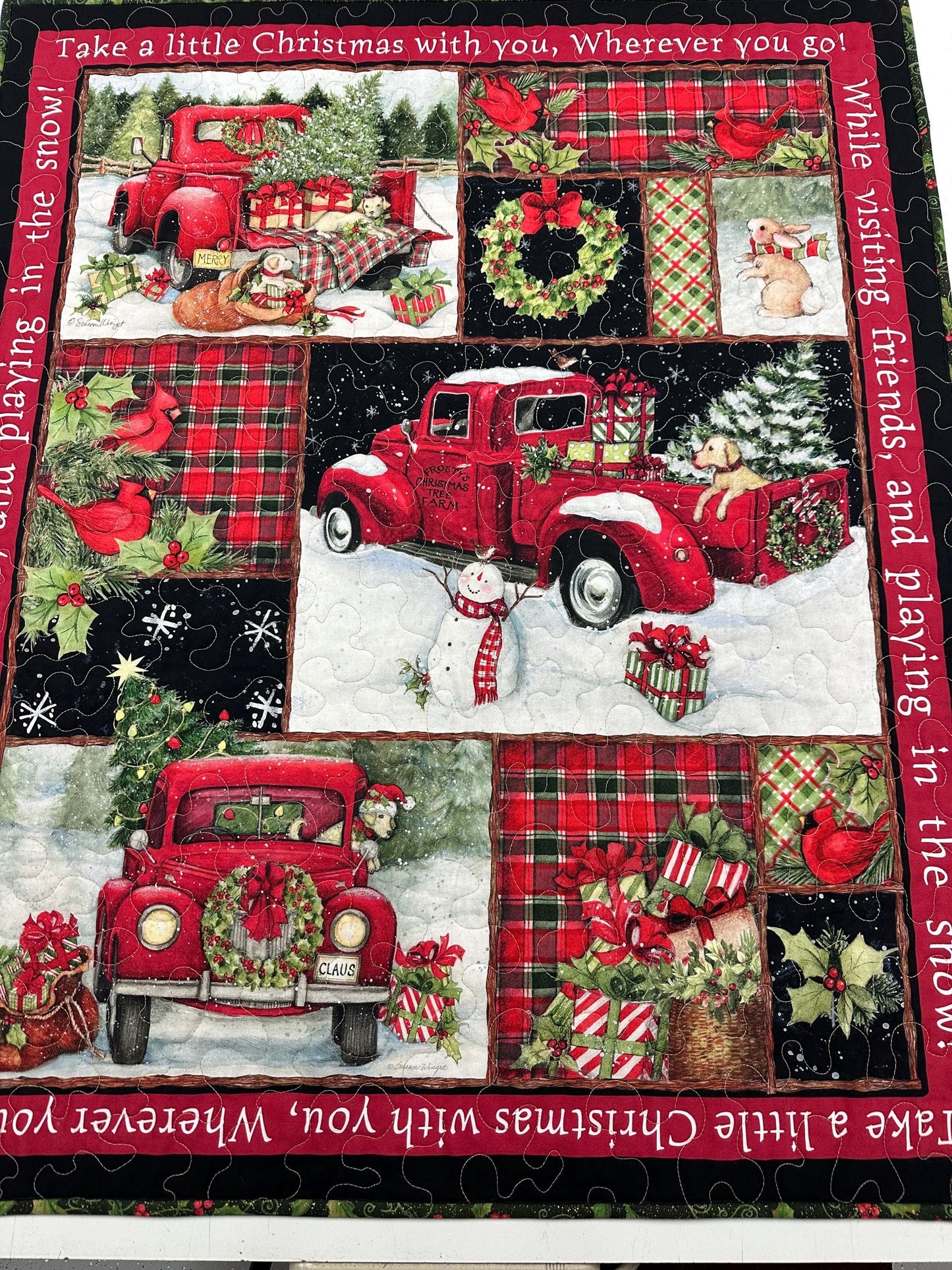Country Christmas Wall Hanging: Handmade Red Truck Collage Quilt - Festive Lap Blanket & Holiday Decor