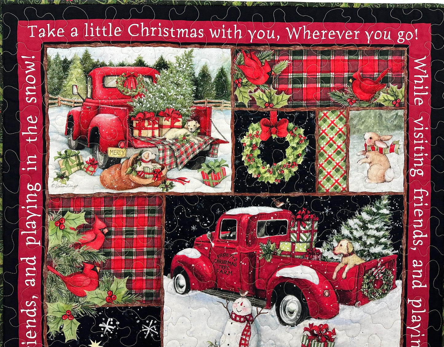 Country Christmas Wall Hanging: Handmade Red Truck Collage Quilt - Festive Lap Blanket & Holiday Decor
