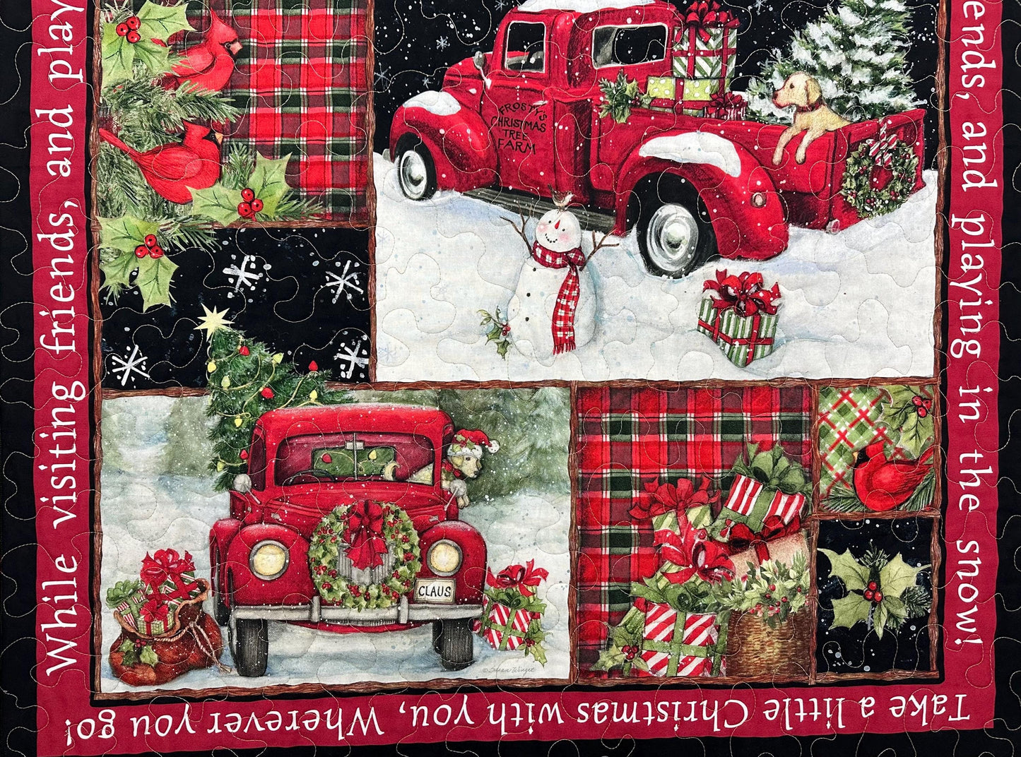Country Christmas Wall Hanging: Handmade Red Truck Collage Quilt - Festive Lap Blanket & Holiday Decor