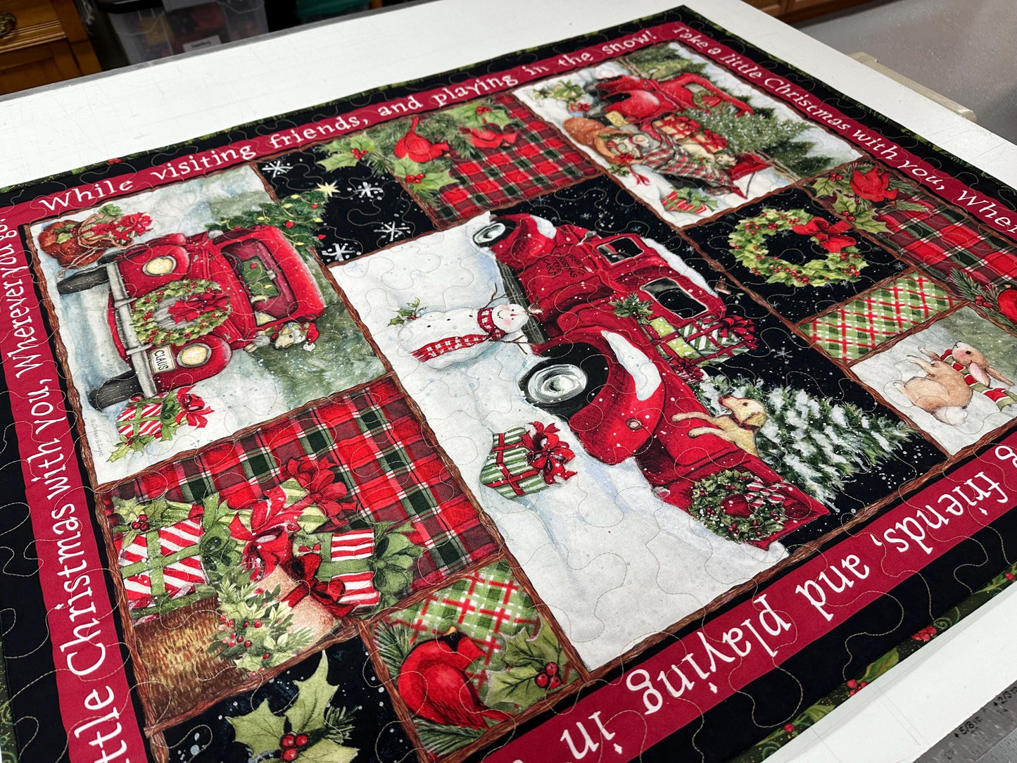 Country Christmas Wall Hanging: Handmade Red Truck Collage Quilt - Festive Lap Blanket & Holiday Decor