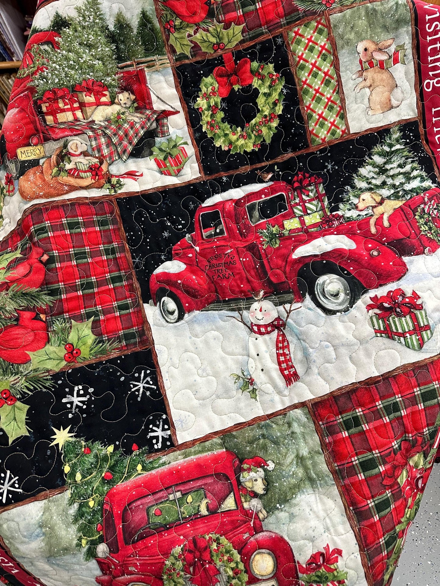 Country Christmas Wall Hanging: Handmade Red Truck Collage Quilt - Festive Lap Blanket & Holiday Decor
