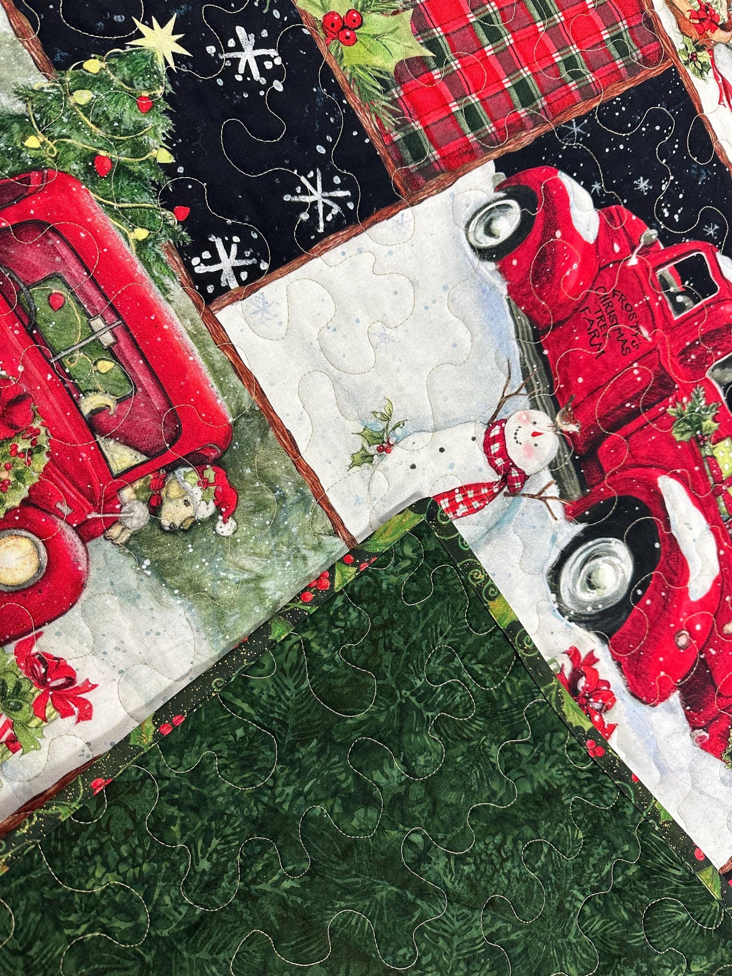 Country Christmas Wall Hanging: Handmade Red Truck Collage Quilt - Festive Lap Blanket & Holiday Decor