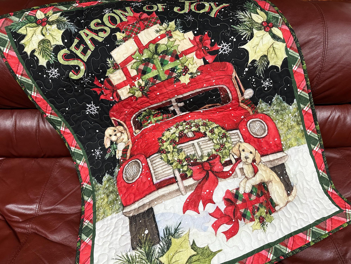 Handmade Puppy Christmas Quilt: Festive Red Truck Holiday Wall Hanging
