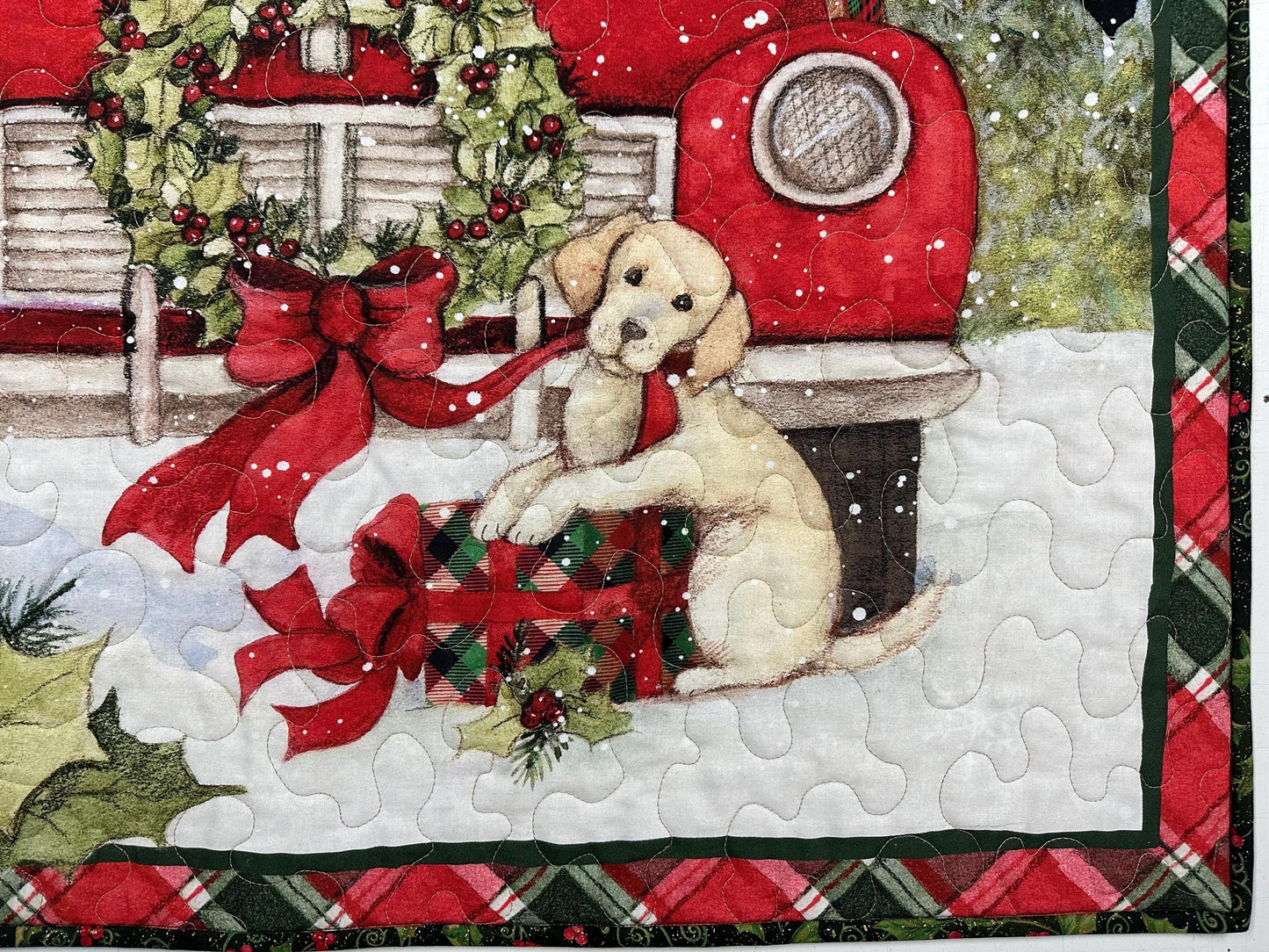 Handmade Puppy Christmas Quilt: Festive Red Truck Holiday Wall Hanging