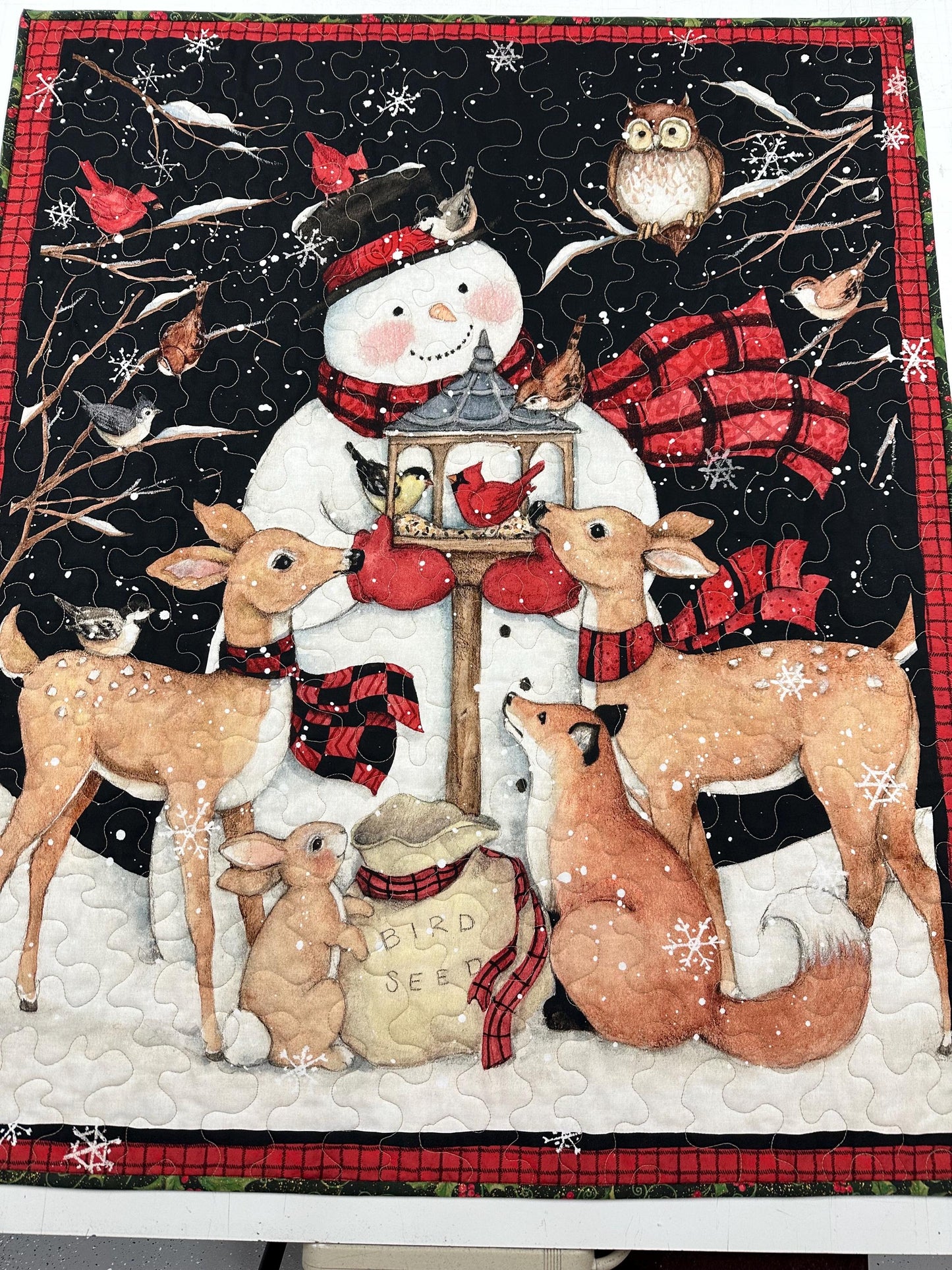 Festive Snowman & Deer Christmas Quilt - Handmade Wall Hanging Lap Blanket - Holiday Home Decor 35x43