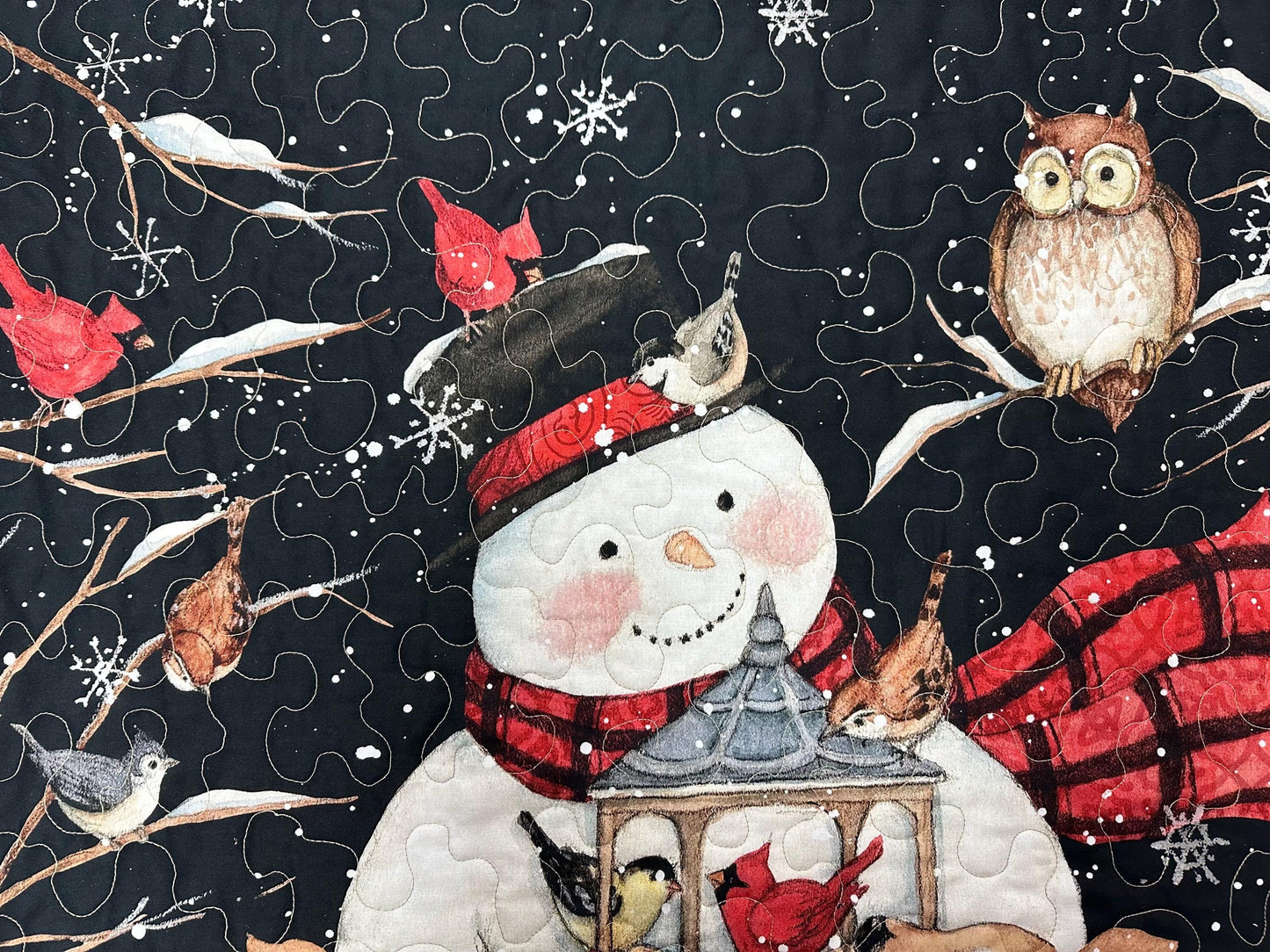 Festive Snowman & Deer Christmas Quilt - Handmade Wall Hanging Lap Blanket - Holiday Home Decor 35x43