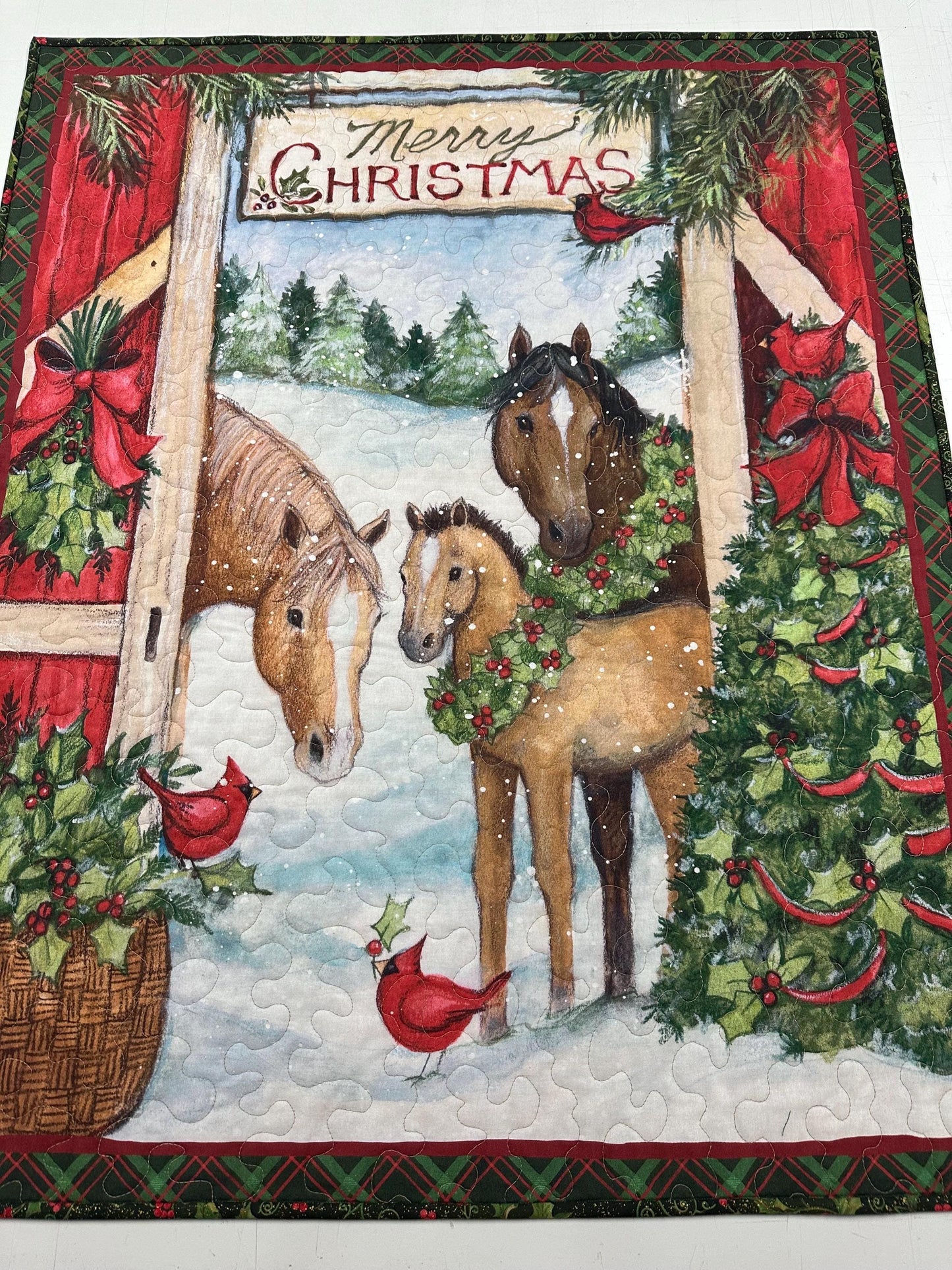 Handmade Three Horses Christmas Quilt Wall Hanging - 35x43 Lap Blanket Holiday Decor Art