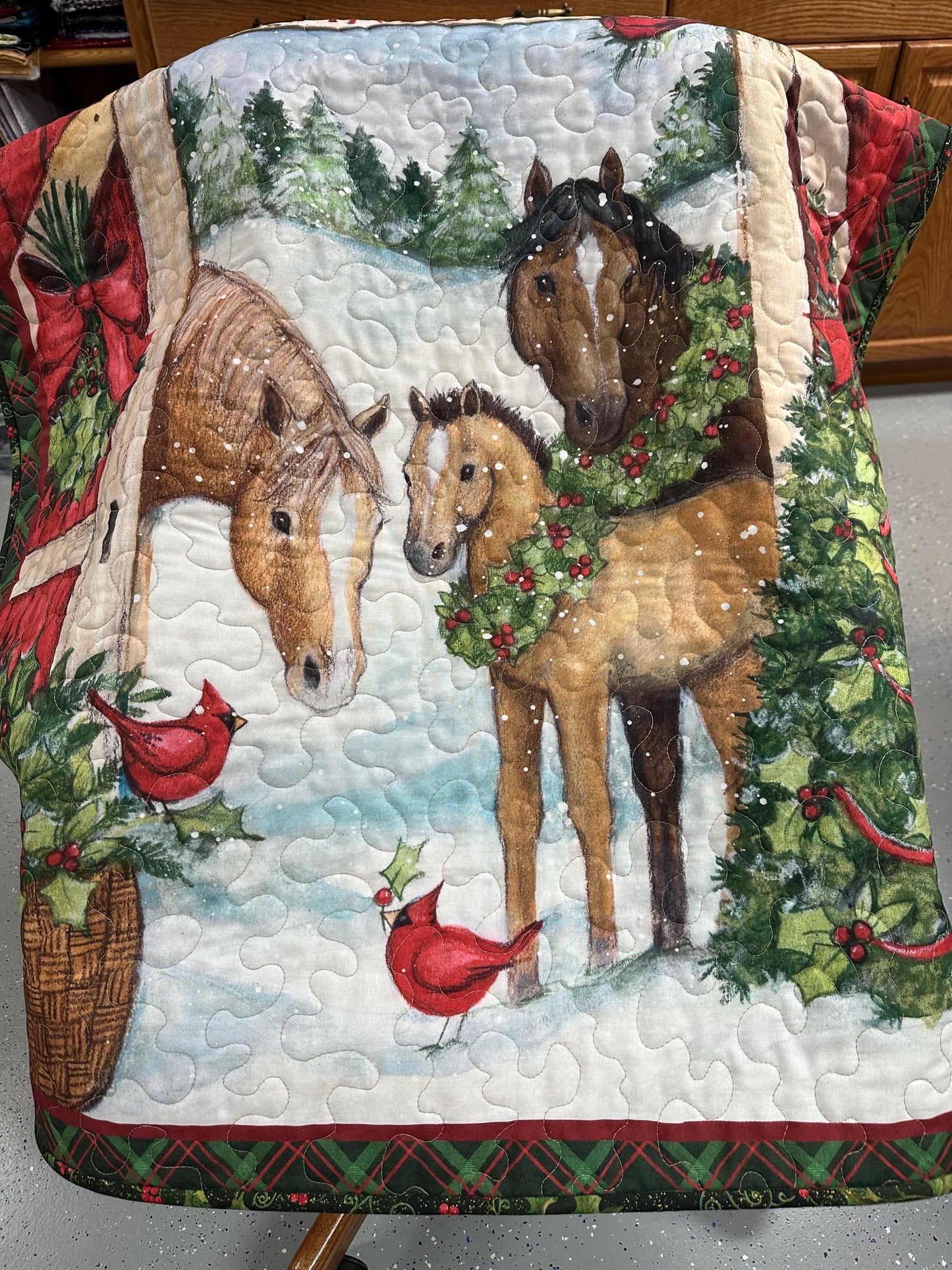 Handmade Three Horses Christmas Quilt Wall Hanging - 35x43 Lap Blanket Holiday Decor Art