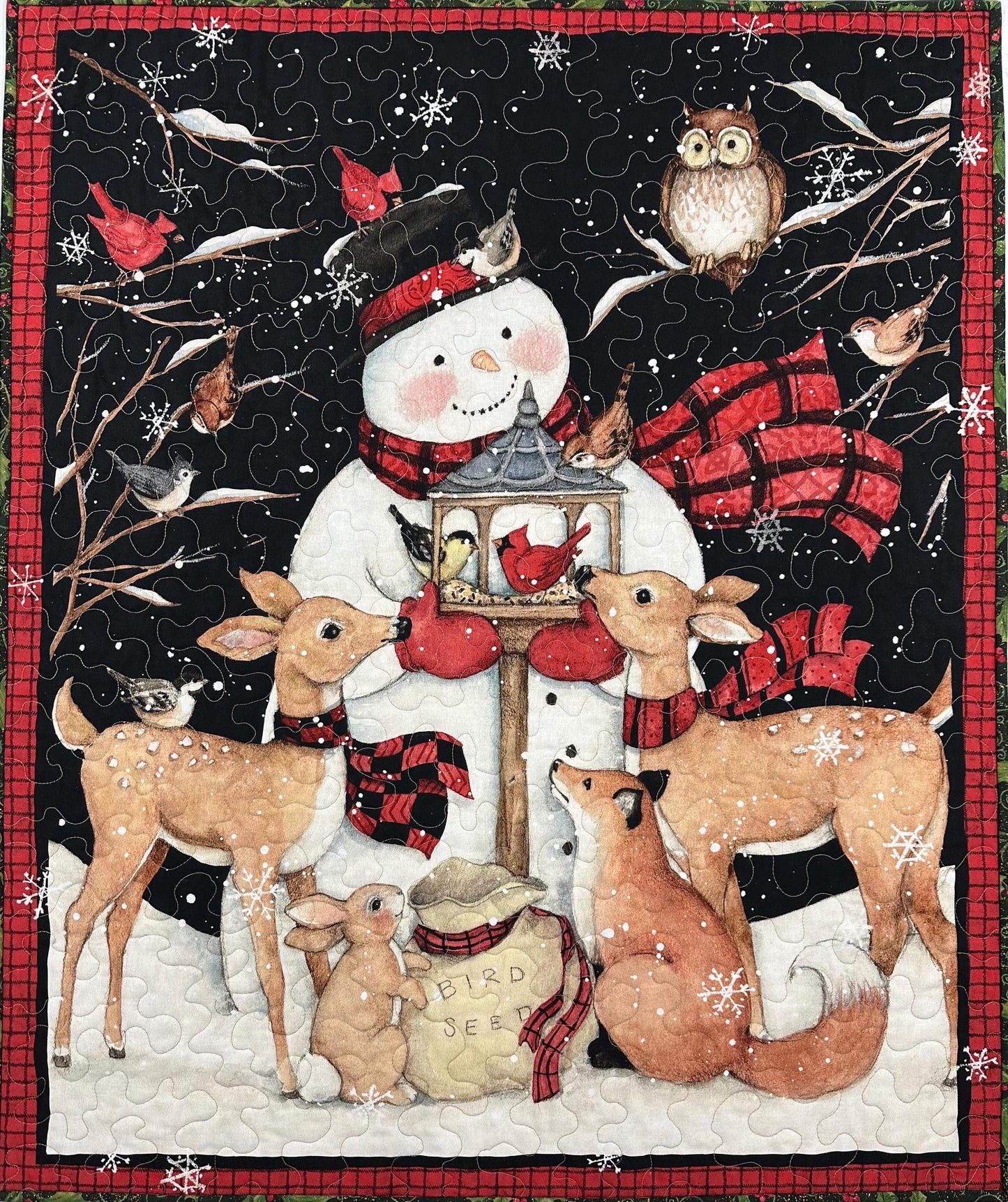 Festive Snowman & Deer Christmas Quilt - Handmade Wall Hanging Lap Blanket - Holiday Home Decor 35x43