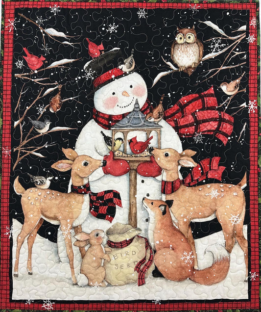 Festive Snowman & Deer Christmas Quilt - Handmade Wall Hanging Lap Blanket - Holiday Home Decor 35x43