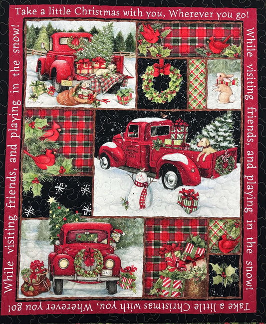 Country Christmas Wall Hanging: Handmade Red Truck Collage Quilt - Festive Lap Blanket & Holiday Decor