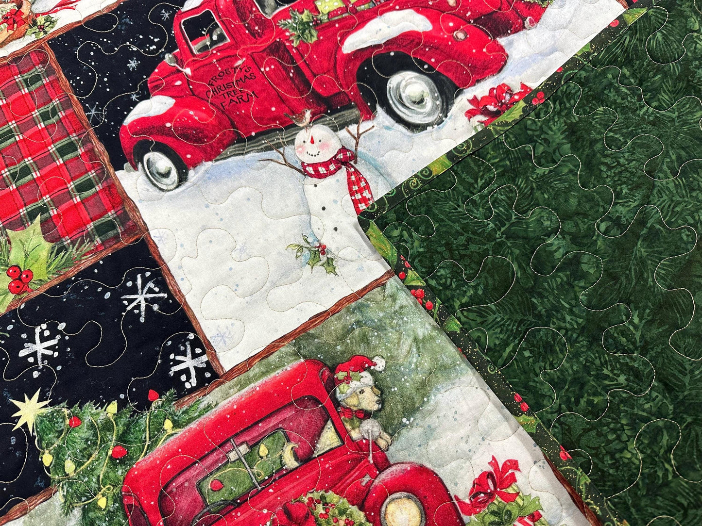 Country Christmas Wall Hanging: Handmade Red Truck Collage Quilt - Festive Lap Blanket & Holiday Decor