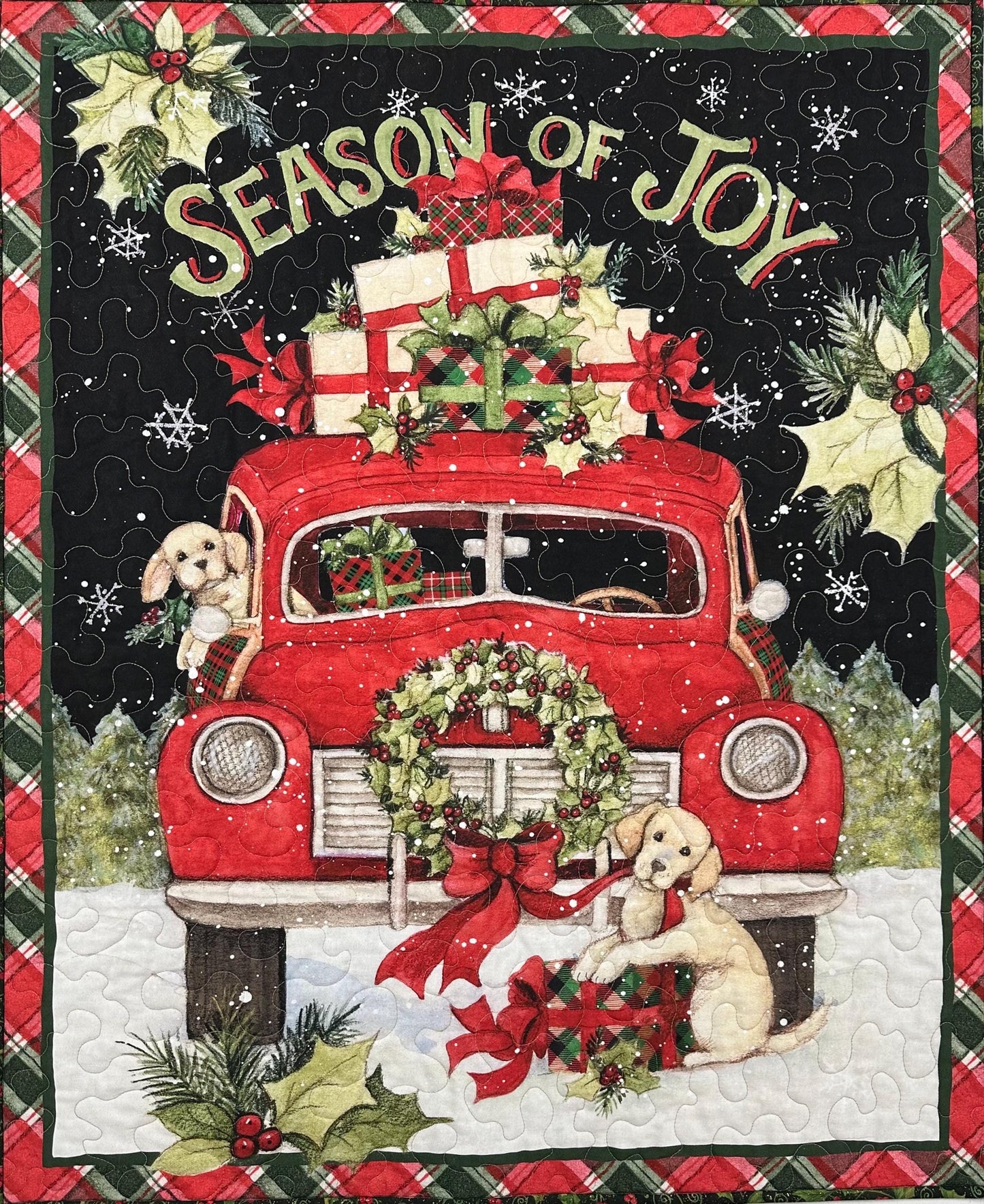 Handmade Puppy Christmas Quilt: Festive Red Truck Holiday Wall Hanging