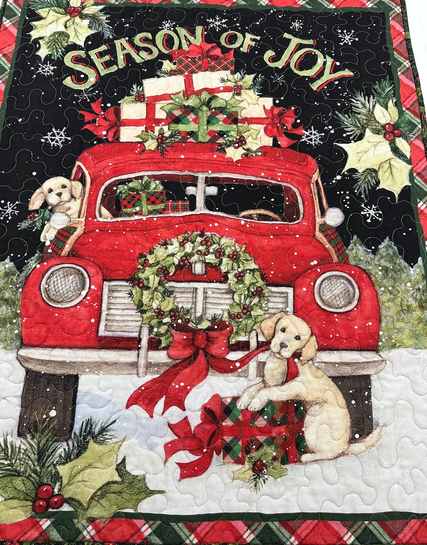 Handmade Puppy Christmas Quilt: Festive Red Truck Holiday Wall Hanging