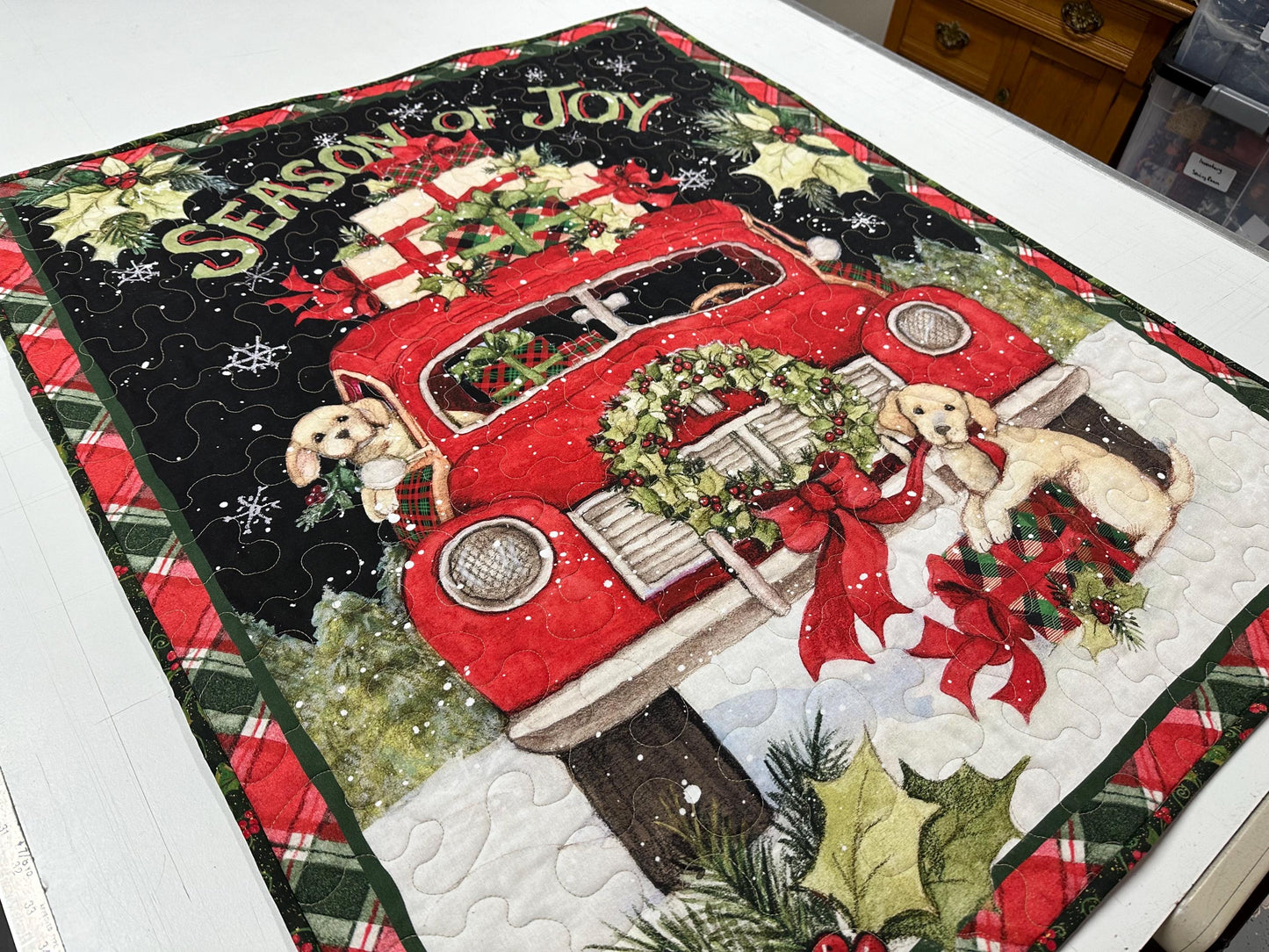 Handmade Puppy Christmas Quilt: Festive Red Truck Holiday Wall Hanging
