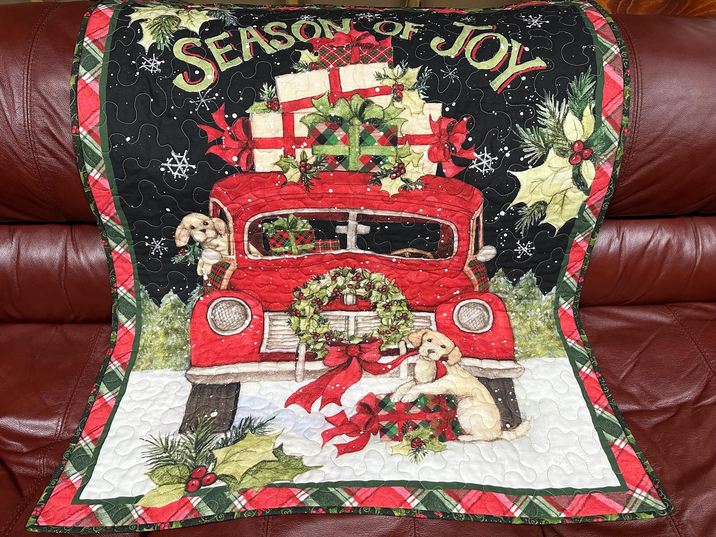 Handmade Puppy Christmas Quilt: Festive Red Truck Holiday Wall Hanging