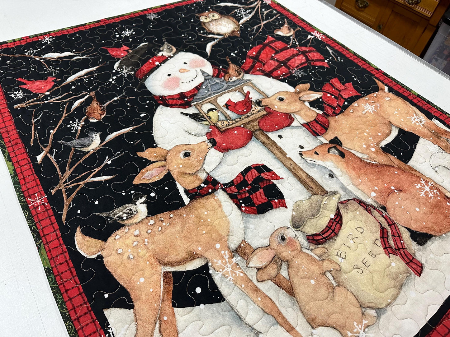 Festive Snowman & Deer Christmas Quilt - Handmade Wall Hanging Lap Blanket - Holiday Home Decor 35x43