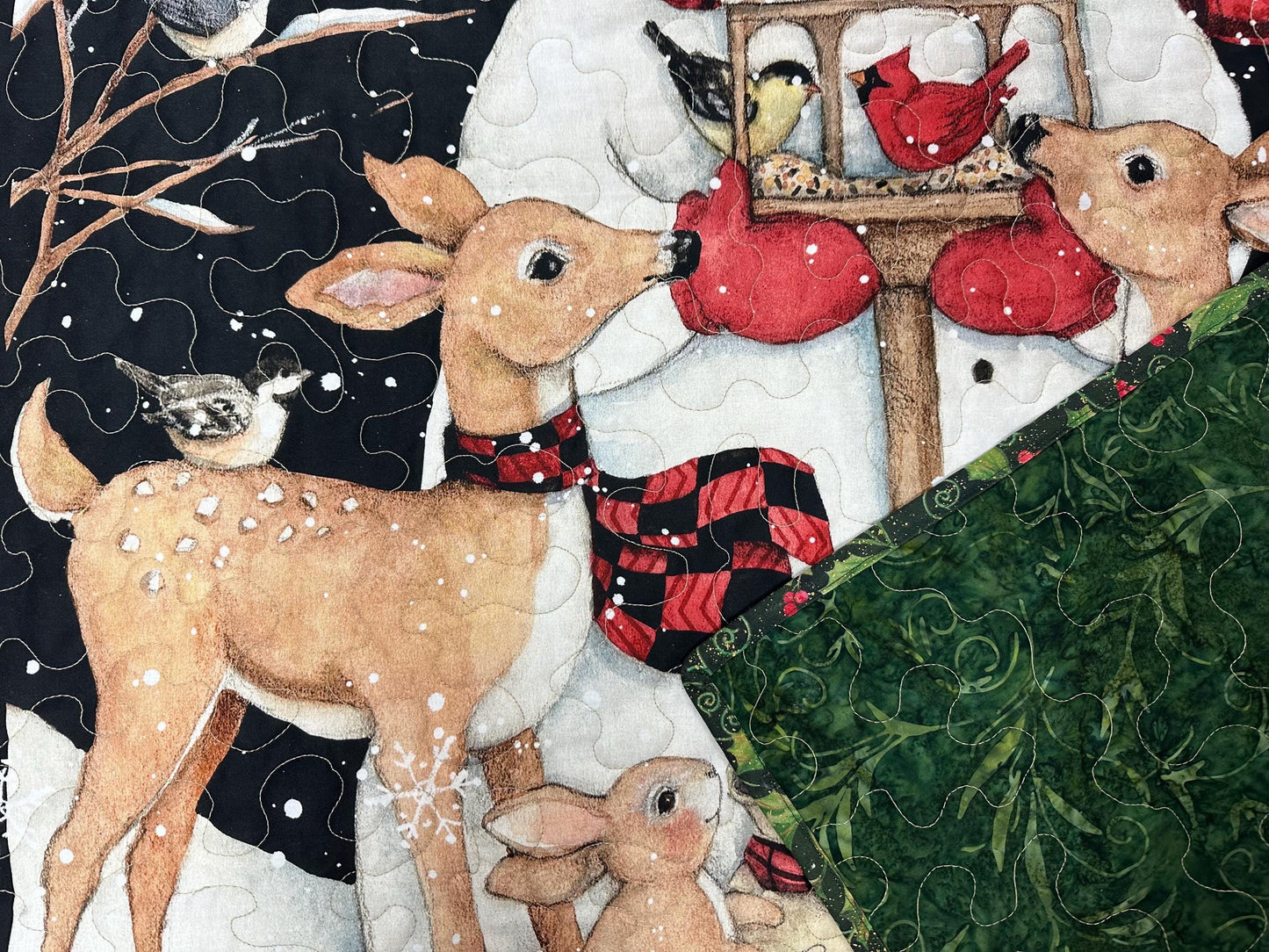 Festive Snowman & Deer Christmas Quilt - Handmade Wall Hanging Lap Blanket - Holiday Home Decor 35x43