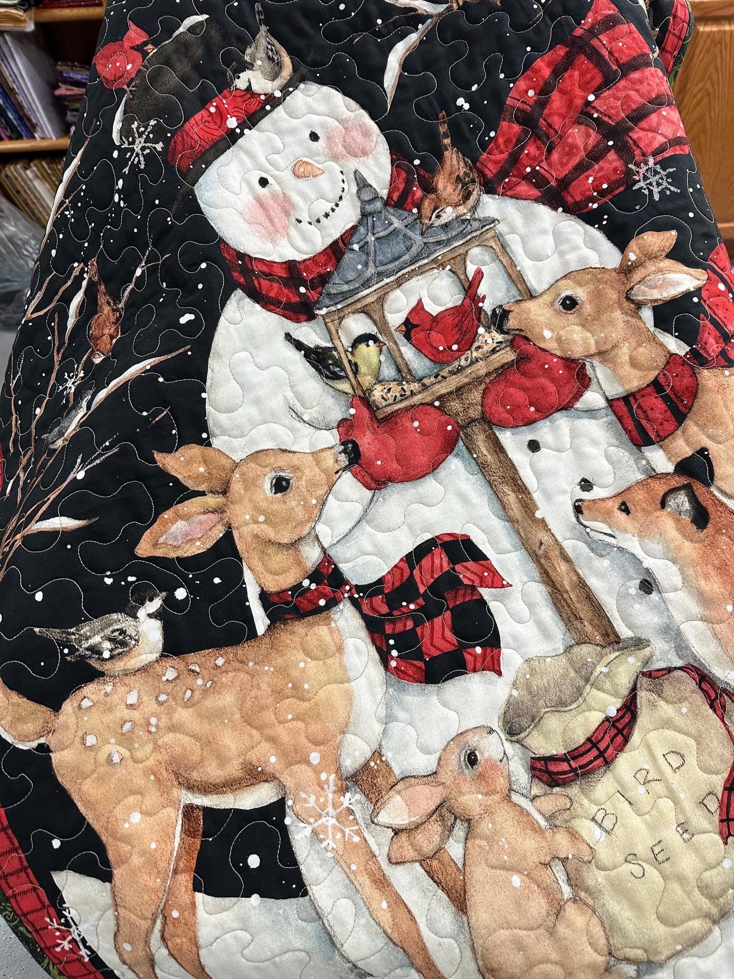 Festive Snowman & Deer Christmas Quilt - Handmade Wall Hanging Lap Blanket - Holiday Home Decor 35x43