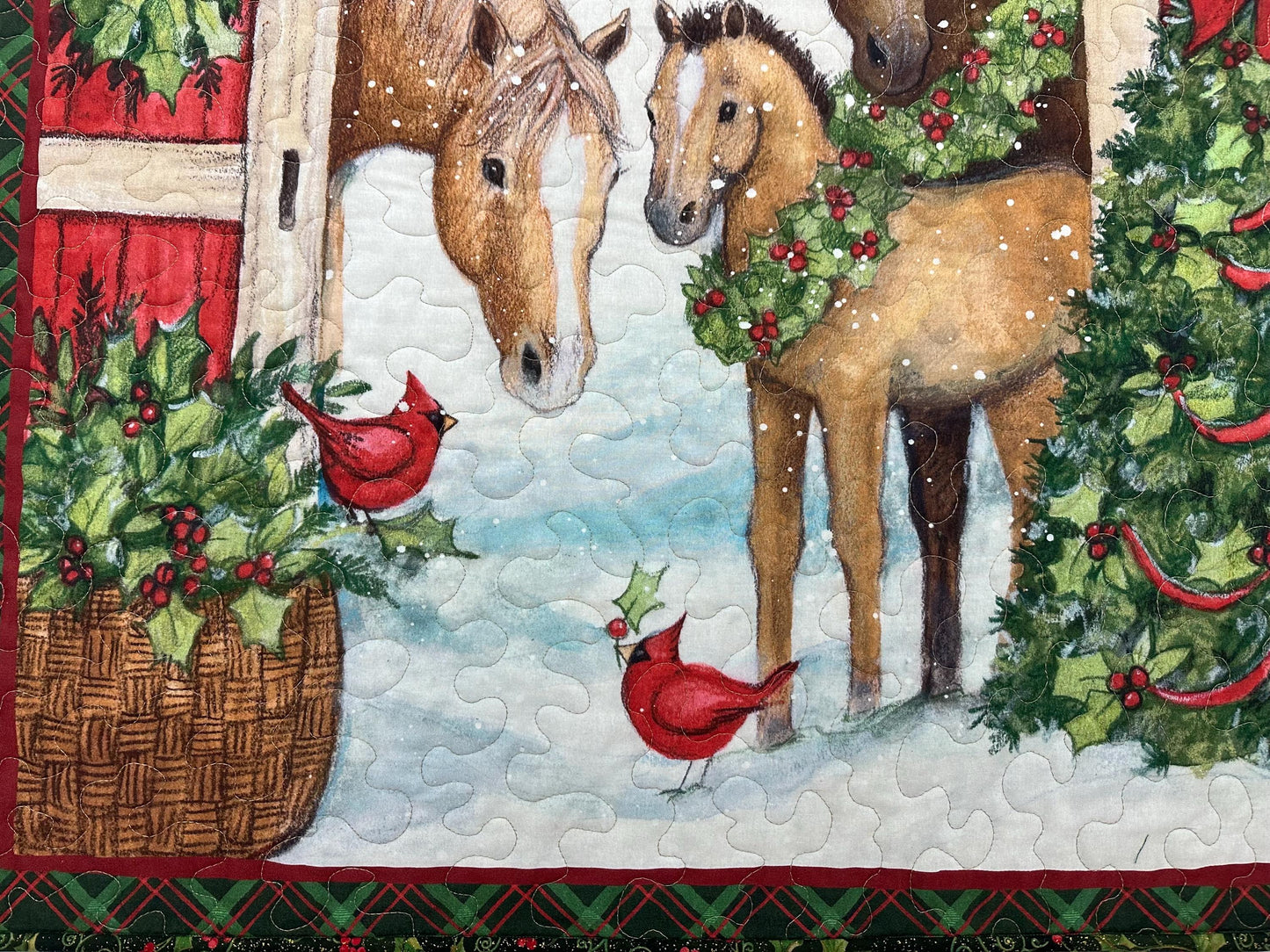 Handmade Three Horses Christmas Quilt Wall Hanging - 35x43 Lap Blanket Holiday Decor Art